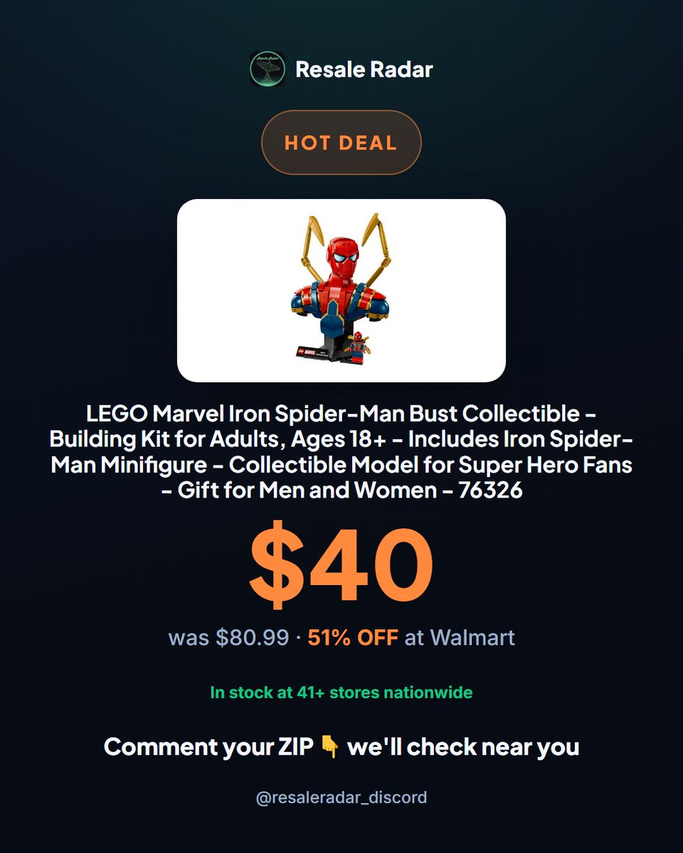 ResaleRadar8's tweet photo. LEGO Iron Spider bust flips fast. Walmart marked this $80.99 collectible to $40. Adult builders know MSRP sets hold or climb. 41+ stores in stock now. Check Walmart stock. #LEGODeals #ResaleRadar

Check Walmart stock. Link in bio. #clearance #deals https://t.co/rsnkCRNEv4