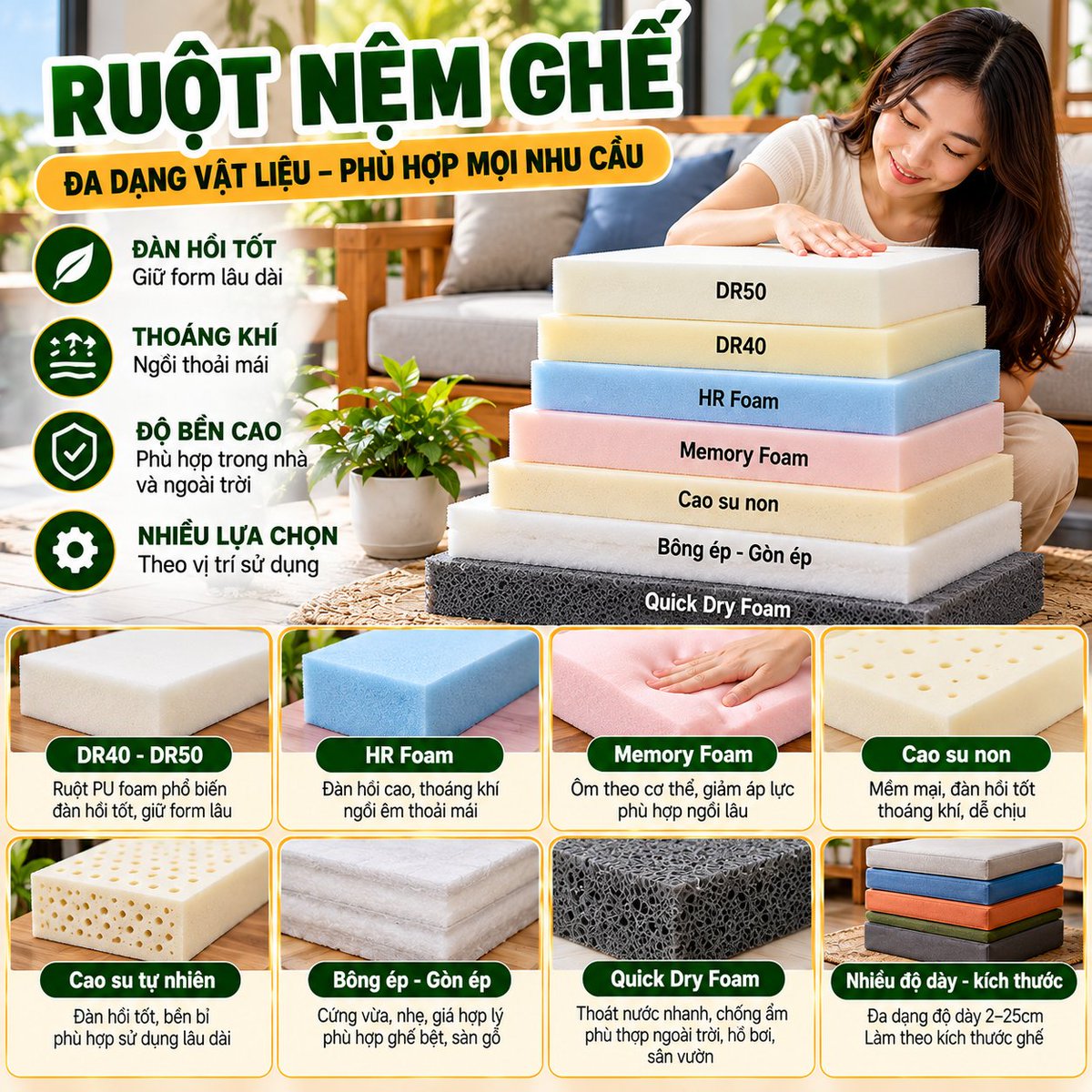 nemngoi's tweet photo. Ruột Nệm Ghế – Ruột Đệm Ghế Ngồi
Ruột nệm ghế – ruột đệm ghế ngồi có nhiều lựa chọn như DR40 + FR, DR50 + FR, HR Foam, memory foam, cao su non, bông ép và quick-dry foam. Mỗi loại ruột có đặc điểm khác nhau về độ đàn hồi, độ dày và vị trí sử dụng. Khi chọn ruột, nên kết hợp với kích thước mặt ghế, kiểu ghế và nhu cầu sử dụng thực tế.

Các Loại Ruột Nệm Ghế – Ruột Đệm Ghế Ngồi
📷📷📷📷📷📷📷📷📷📷📷📷📷📷📷📷
Ruột Nệm Ghế Nên Chọn Loại Nào?
Khi lựa chọn ruột nệm ghế, không nên chỉ nhìn vào độ dày. Cần xác định loại ghế, kích thước mặt ngồi, tần suất sử dụng và vị trí đặt ghế. Với nệm ghế sử dụng trong phòng khách, sofa gỗ hoặc ghế bàn ăn, có thể ưu tiên nhóm foam có độ đàn hồi phù hợp; khu vực ngoài trời nên cân nhắc vật liệu có khả năng thoát nước tốt. Xem thêm tổng hợp tại Nệm Ghế .
Ruột DR40 + FR
DR40 + FR là lựa chọn có thể tham khảo cho nhiều dòng nệm ghế ngồi, ghế gỗ, ghế bàn ăn và sofa. Nên kết hợp đúng độ dày theo chiều cao mặt ghế.
Ruột DR50 + FR
DR50 + FR phù hợp khi cần lựa chọn cấu tạo foam có mật độ khác với DR40. Có thể dùng cho nệm mặt ngồi, sofa gỗ và nhiều kiểu ghế sử dụng thường xuyên.
Ruột HR Foam
HR Foam là một lựa chọn cho nệm ghế cần độ đàn hồi. Khi chọn nên cân đối giữa độ dày ruột, kích thước nệm và kiểu mặt ghế thực tế.
Ruột Memory Foam
Memory foam có thể sử dụng riêng hoặc kết hợp với lớp foam khác tùy cấu tạo nệm. Phù hợp để tham khảo cho các vị trí cần tăng khả năng ôm theo bề mặt tiếp xúc.
Ruột Cao Su Non
Cao su non là một trong những vật liệu thường được người mua tìm kiếm khi chọn ruột đệm ghế. Cần kiểm tra độ dày và độ đàn hồi trước khi lựa chọn.
Ruột Bông Ép – Gòn Ép
Bông ép, gòn ép có đặc tính khác nhóm foam. Có thể tham khảo cho một số dạng đệm ngồi, tùy kiểu ghế và cảm giác mặt ngồi mong muốn.
Quick-Dry Foam
Quick-dry foam phù hợp để cân nhắc cho nệm ghế ngoài trời, sân vườn hoặc khu vực có độ ẩm, nhờ cấu trúc hướng đến khả năng thoát nước nhanh hơn.
Chọn Theo Độ Dày Nệm

Ruột nệm có thể kết hợp nhiều mức dày như 3cm, 5cm, 7cm, 8cm, 10cm, 12cm hoặc 15cm. Ghế bàn ăn thường tham khảo 3–5cm, phòng khách 5–7cm và sofa gỗ 7–10cm.
Ruột Đệm Ghế Ngồi Theo Từng Vị Trí Sử Dụng

Ghế Gỗ
Nên chọn ruột dựa trên độ sâu mặt ghế, chiều cao tay vịn và độ dày nệm để bộ ghế cân đối.

Ghế Sofa
Sofa có mặt ngồi lớn nên cần chú ý độ dày, mật độ foam và cấu tạo ruột theo kích thước từng tấm.

Ghế Bàn Ăn
Nệm bàn ăn thường không cần quá dày. Có thể tham khảo khoảng 3–5cm tùy chiều cao bàn và ghế.

Ghế Ngoài Trời
Với sân vườn, ban công hoặc khu vực có khả năng gặp nước, có thể cân nhắc quick-dry foam kết hợp vật liệu bọc phù hợp ngoài trời.

Video Tư Vấn Ruột Nệm Ghế – Ruột Đệm Ghế Ngồi
XEM NỆM GHẾ GỌI 0944.601.966Chọn Ruột Nệm Ghế Phù Hợp – Nhận Tư Vấn & Báo Giá
Bạn đang cần chọn ruột nệm ghế, ruột đệm ghế ngồi, DR40 + FR, DR50 + FR, HR Foam, memory foam, cao su non, bông ép hoặc quick-dry foam? Nệm Ngồi® – https://t.co/J9qbpCDrul hỗ trợ tư vấn theo kiểu ghế, kích thước, độ dày và vị trí sử dụng. Bán sỉ & lẻ, có ưu đãi số lượng, báo giá nhanh và giao hàng toàn quốc.

https://t.co/GwWPpPttaR