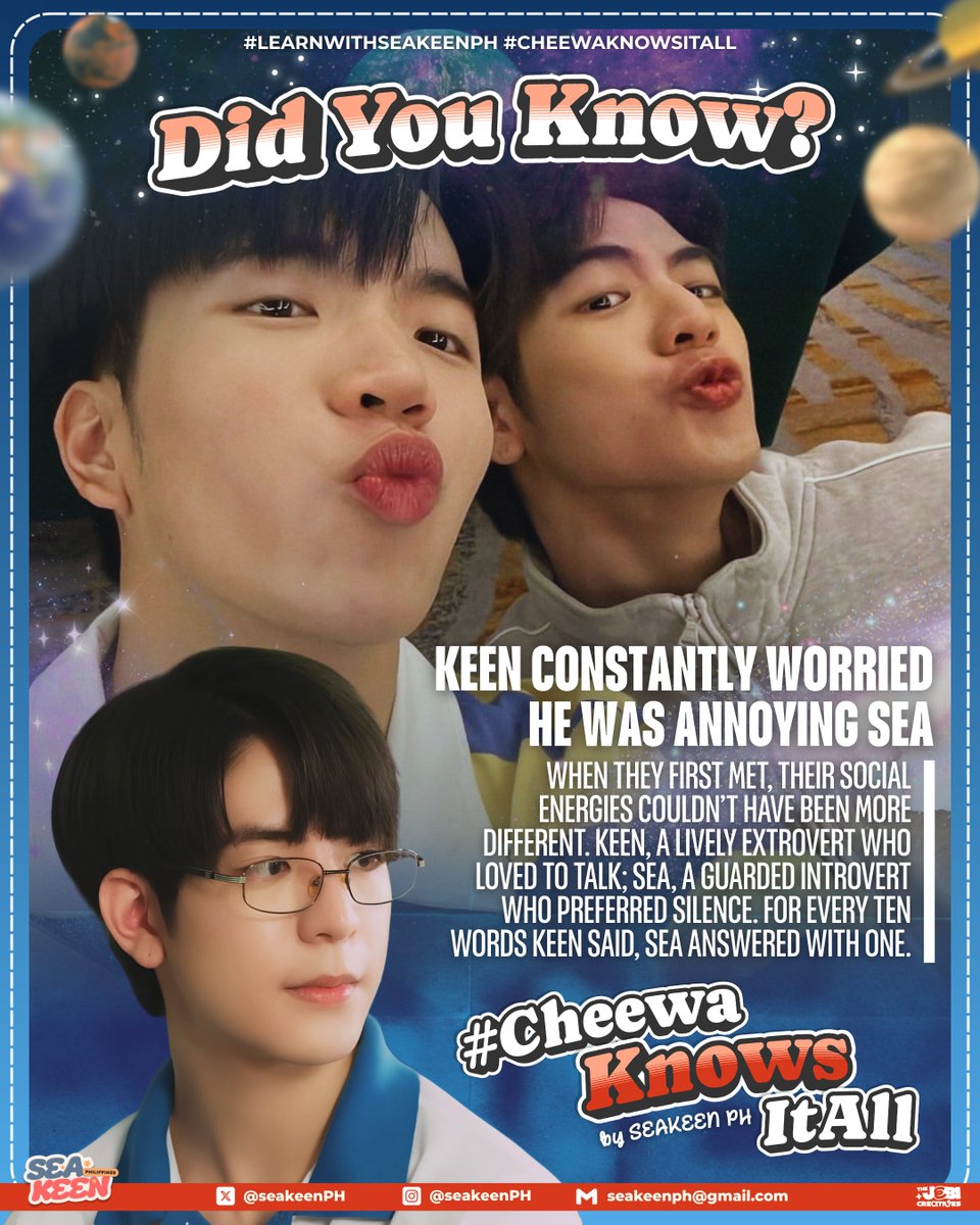 seakeenPH's tweet photo. 𝐃𝐈𝐃 𝐘𝐎𝐔 𝐊𝐍𝐎𝐖? ⋆౨ৎ˚⟡˖ ࣪
#CheewaKnowsItAll
#Weirdo101Series 

𝗪𝗛𝗘𝗡 𝗔𝗡 𝗘𝗫𝗧𝗥𝗢𝗩𝗘𝗥𝗧 𝗔𝗧𝗧𝗘𝗠𝗣𝗧𝗦 𝗧𝗢 𝗔𝗗𝗢𝗣𝗧 𝗔𝗡 𝗜𝗡𝗧𝗥𝗢𝗩𝗘𝗥𝗧!

Opposites really do attract, but the beginning wasn't without a little overthinking! 

Did you know that when Sea and Keen first met, Keen was constantly worried he was being annoying? Their social energies couldn't have been more different: Keen was the lively extrovert who loved to talk, while Sea was the guarded introvert who preferred silence! For every ten words Keen said, Sea would reply with just one!

Fast forward to now, and look at how inseparable they've become! Turns out Keen's chatter was just what Sea needed. 🥺✨

𝗙𝘂𝗻 𝗙𝗮𝗰𝘁 𝗔𝗯𝗼𝘂𝘁 𝗘𝘅𝘁𝗿𝗼𝘃𝗲𝗿𝘁/𝗜𝗻𝘁𝗿𝗼𝘃𝗲𝗿𝘁 𝗗𝘆𝗻𝗮𝗺𝗶𝗰
• Psychologists call this the "𝘚𝘰𝘤𝘪𝘢𝘭 𝘉𝘢𝘵𝘵𝘦𝘳𝘺 𝘊𝘰𝘮𝘱𝘭𝘦𝘮𝘦𝘯𝘵 𝘌𝘧𝘧𝘦𝘤𝘵." Studies show that extrovert-introvert pairings often form exceptionally strong bonds because they balance each other's nervous systems: extroverts help introverts step outside their comfort zone, while introverts provide a calm, grounding space for extroverts to recharge!

✦•┈๑⋅⋯ ⋯⋅๑┈•✦

♡ #sea_ta_lay | @sea_ta_lay
♡ #keenkeno | @keenkeno_sp
#LearnWithSEAKEENPH
#seakeen #ซีคีน