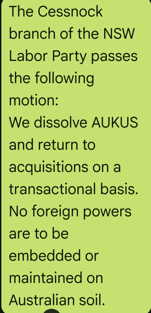 LabAgainstWar's tweet photo. Cessnock branch of the ALP in the NSW Hunter has unanimously backed this motion calling for Labor to dissolve AUKUS and reject any foreign military bases on Australian soil. Labor members across the country want to kick AUKUS into touch. https://t.co/bi3crPeALk