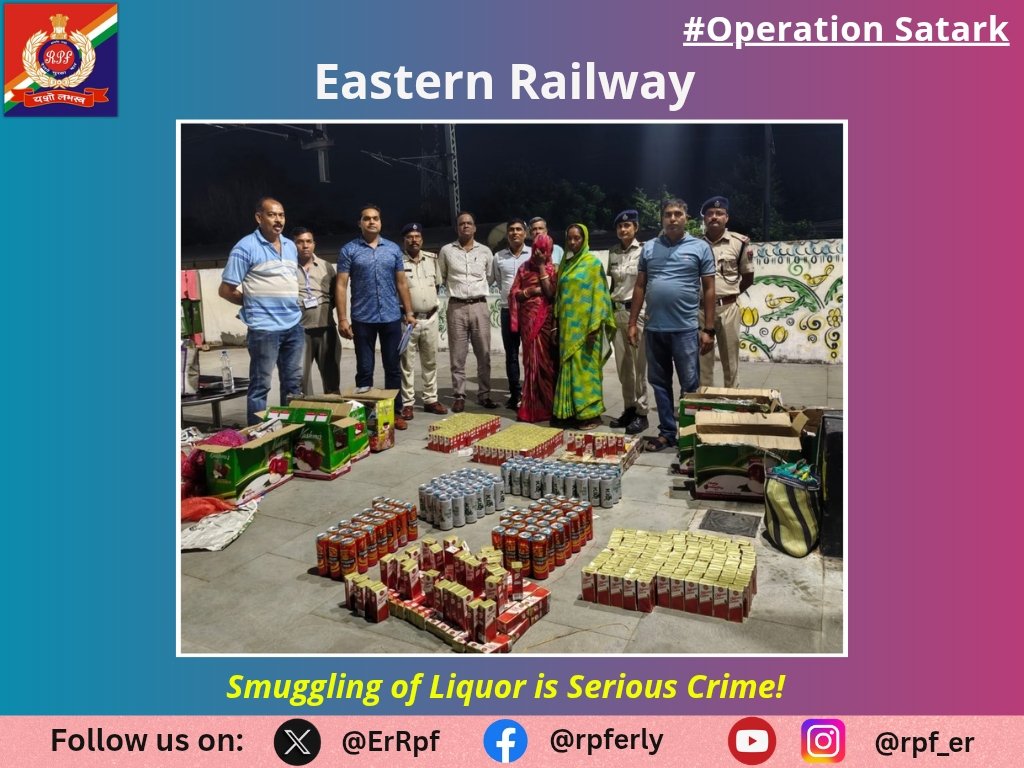 ErRpf's tweet photo. On 03.10.2026, RPF Officials of Malda arrested 02 female persons with recovery of 623 Nos. Tetra Pack/Cans Foreign Liquor, valued ₹84,980/- from Malda Town Railway Station and handed over to GRPS/Malda for further legal action. 
#OperationSatark
@RPF_INDIA 
@RailMinIndia https://t.co/HCcd3xOOeC