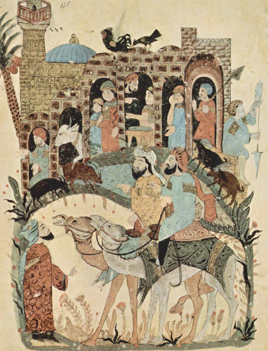 AlMaqamat_'s tweet photo. Late Abbasid village life in al-Wasiti's 1237 miniature. A husband and wife arguing, roosters on the roof, people in doorways, travellers on camelback, a woman spinning yarn, an inscribed brick mosque and a little pond in the middle. https://t.co/AHsoQiPgVJ