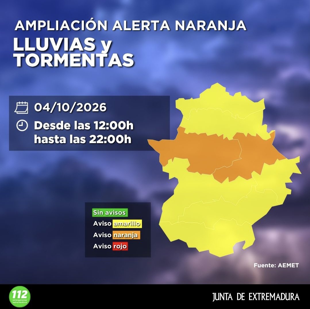 JuntaEx112's tweet photo. 🟠AMPLIACIÓN a ALERTA NARANJA por LLUVIAS y TORMENTAS en Meseta cacereña y Villuercas y Montánchez.

⏰ Desde las 12:00h hasta las 22:00h del día 4 de octubre de 2026.

En caso de emergencia llama al 1️⃣1️⃣2️⃣ https://t.co/G3rLARvDac
