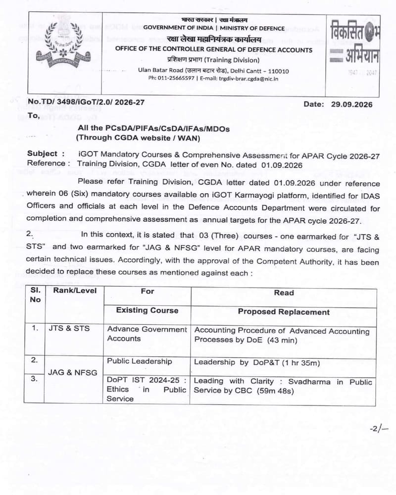 govtstaff's tweet photo. iGOT Mandatory Courses & Comprehensive Assessment for APAR Cycle 2026-27 - CGDA letter dated 29.09.2026
https://t.co/zybP3c2rtz
#iGOT #APAR #MandatoryCourses #GovtStaff https://t.co/WHQ1KCYBJv