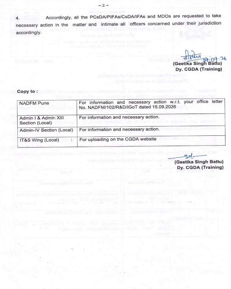govtstaff's tweet photo. iGOT Mandatory Courses & Comprehensive Assessment for APAR Cycle 2026-27 - CGDA letter dated 29.09.2026
https://t.co/zybP3c2rtz
#iGOT #APAR #MandatoryCourses #GovtStaff https://t.co/WHQ1KCYBJv