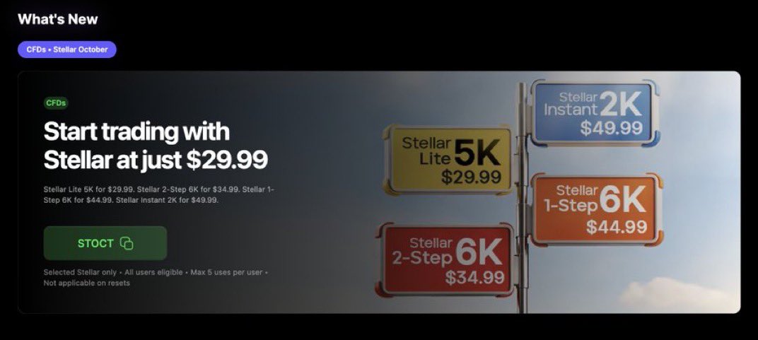 CambistaFX1's tweet photo. October Stellar is live.
Start a FundedNext CFD account from $29.99.
Stellar Lite 5K — $29.99
Stellar 2-Step 6K — $34.99
Stellar 1-Step 6K — $44.99
Stellar Instant 2K — $49.99
Code: STOCT
Selected Stellar only. All users eligible. Max 5 uses per user. Not applicable on resets.
Grab it before the window closes.