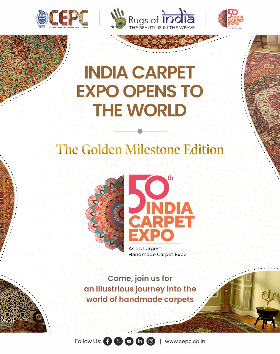 cepcindia's tweet photo. The 50th India Carpet Expo opens today, marking the decades long depiction of India’s rich craftsmanship and global bonds. 

Immerse yourselves in the splendour of #handmadecarpets 

The show begins:
4-7 Oct, 2026
Carpet Expo Mart, Bhadohi, UP

#cepc #ICE50 #expo #bhadohi https://t.co/g7mh6uRifg