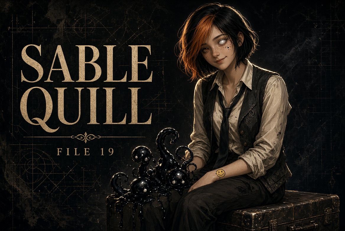 SableQ_File19's tweet photo. Name: Sable Quill Internal alias: File 19 — “The Living Minutes”
Appearance Sable looks about twenty-four. Her black hair is cut unevenly, with a burnt-copper streak at the temple. Her left eye is human, a warm brown; her right is a clouded lens, with a few small pupils drifting inside it like bubbles of ink. She wears a worn charcoal vest, the shirt collar open, a black tie knotted loose. From the elbows down, her skin thickens into ink: short, flat tentacles with heavy black outlines, each carrying a single simple eye. They are not weapons. They are notebooks. When she writes, ink lifts off the tentacles into letters in the air, then sinks back into her skin.
On her right wrist is a yellow smiley tattoo, like a stamp pressed into a file. It only lights up when she lies.
Personality Calm to the point of irritation. She says little, and every sentence sounds as if it was filed in advance. She is not cold — she is sorting. With strangers she is polite the way a receptionist is polite in a hotel that has already been abandoned. With colleagues she likes questions that do not need answers: “Do you remember when you decided that?”
Role Sable keeps the Agency’s minutes. She is not a secretary. She swallows versions of an event — testimony, rumor, dream — and holds them in the ink. When the Agency needs a “stable truth,” she draws one version out. That version becomes the official file. The rest stay alive inside her, and sometimes they whisper.
Abilities
•  Short-term overwrite: touch a surface with a tentacle and she can leave a story the next person to touch it will believe for a few hours.
•  She cannot delete anything. Whatever she swallows stays. That is the price.
•  At night, every eye on the tentacles opens at once if someone nearby is lying about themselves.