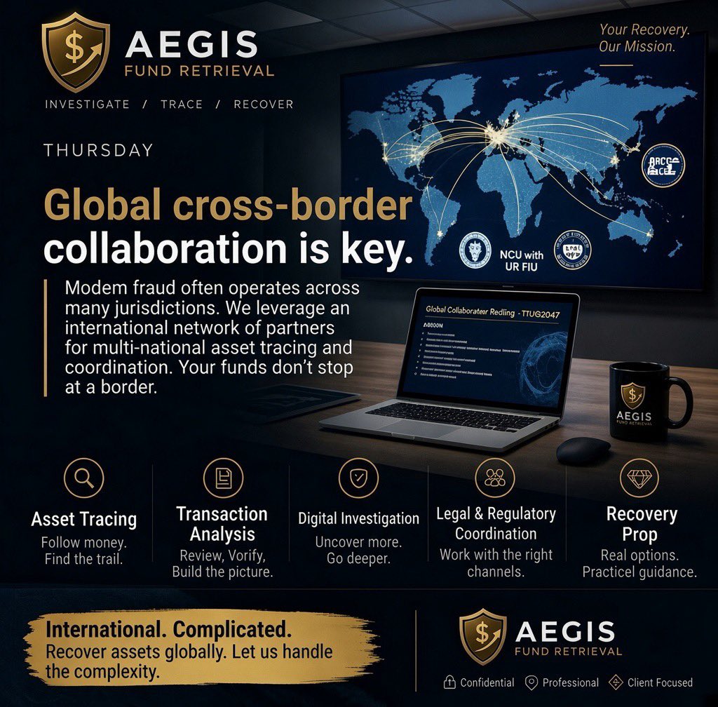 AegisRetrival's tweet photo. Global cross-border collaboration is key.
Modern fraud rarely stays within one country. Scammers move funds across multiple jurisdictions, making recovery complex. At Aegis Fund Retrieval, we work with an international network of partners to trace assets and coordinate multi national efforts.
Your funds don’t stop at a border and neither do we.
If you’ve been affected by cross-border fraud or crypto scams, reach out. We’re here to help you navigate the complexity.
Your Recovery. Our Mission.
#AegisFundRetrieval #FundRecovery #AssetTracing #CryptoScamRecovery #CrossBorderFraud #FraudRecovery #ScamVictims #FinancialRecovery #DigitalInvestigation #AssetRecovery