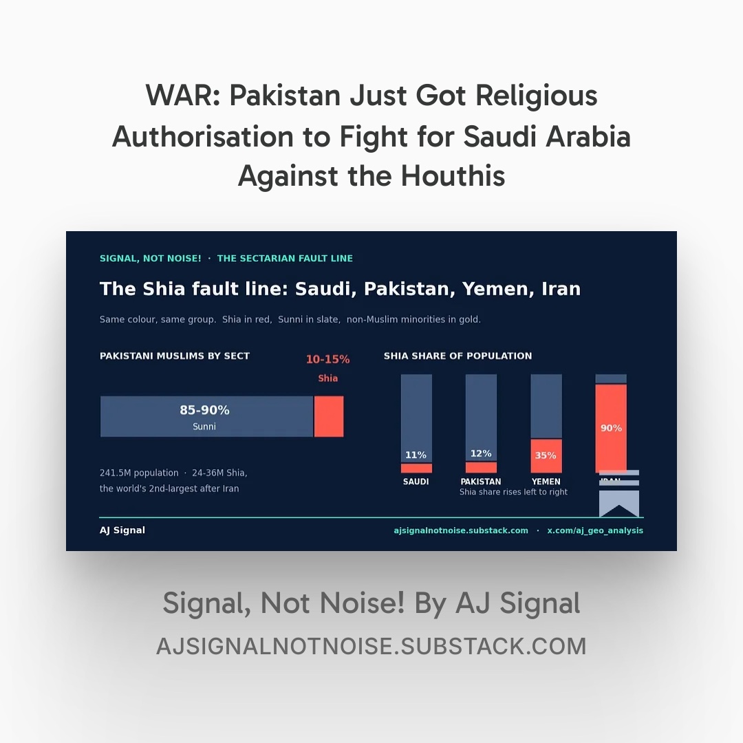 aj_geo_analysis's tweet photo. PREDICTION: Pakistan will join the war against Ansrallah Houthis in Yemen on the side of Saudi Arabia.

There was a religious conference in Saudi Arabia that is a big deal to the Muslim world, but it is irrelevant for the rest of the world.

At this conference, however, it became relevant for the rest of us in the peripheral of the war.

A leading Pakistani religious leader issued a stern statement against the Ansrallah Houthis in Yemen. Most analysts read this as irrelevant, but having spent years working and traveling to Pakistan, I can tell you this: 

That was a religious authorization on the highest order issued to the Pakistani Public and the Pakistan Armed Forces that de-legitimizes the Houthis so that public opinion is swayed, BEFORE the war starts!

Pakistan is highly likely to join the war against the Houthis in the coming weeks and months.

Read or listen to the full analysis in the comments below.

SIGNAL, not noise!