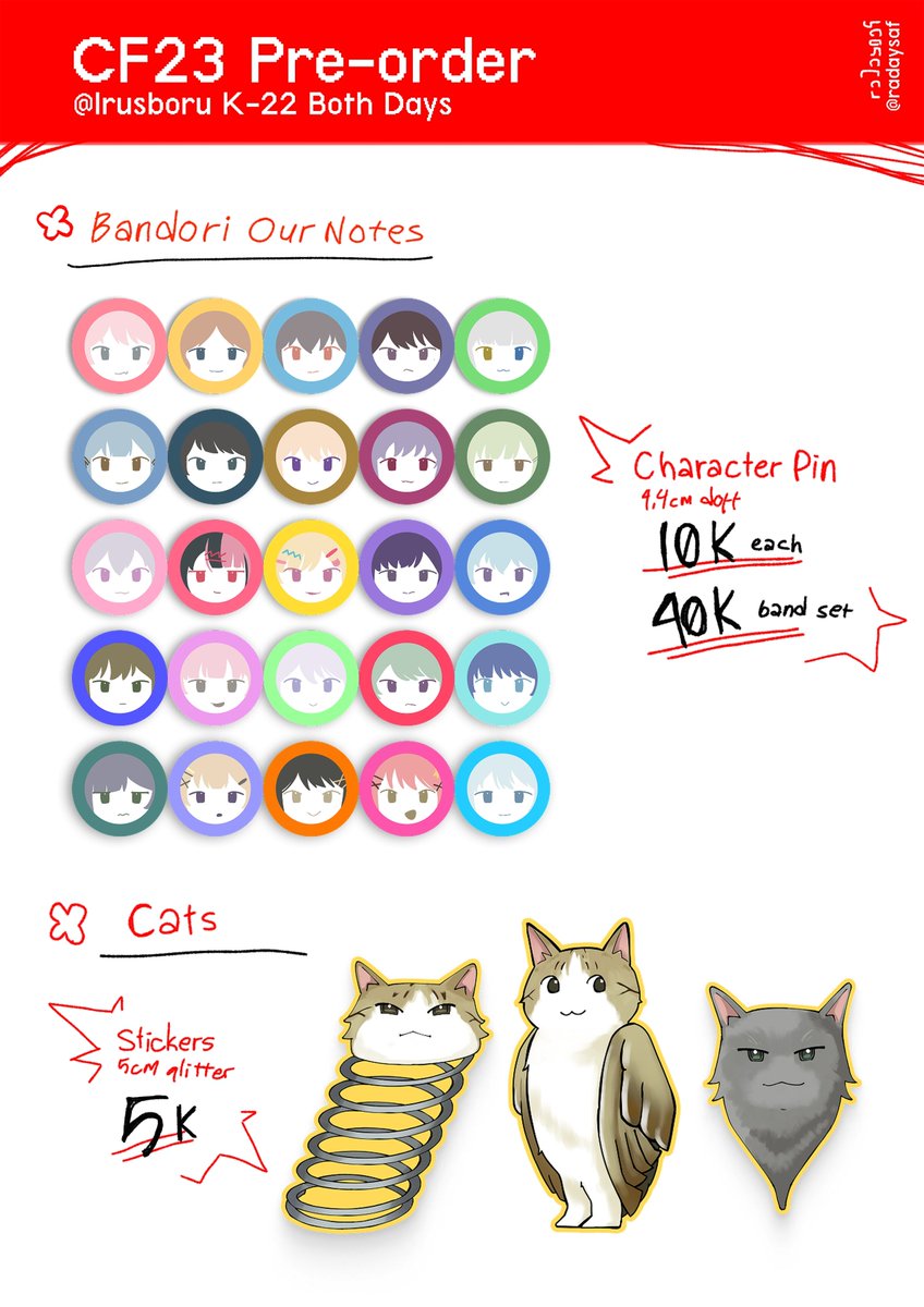 radaisaf's tweet photo. [ ❤️&amp;🔁 appreciated! ]

Heya friends, my #CF23 Pre-order is open! 
Check it out :>

PO period: 2—8 Oct 2026
Pick-up &amp; Mail Order 📨

📆: CF23 Both Days Irusboru | K-22
🔗: https://t.co/r88gkf8icy
♥️: BanG Dream! Our Notes, Cats, Hibike! Euphonium, Umamusume 

#comifuro23 https://t.co/ccjydN89I0