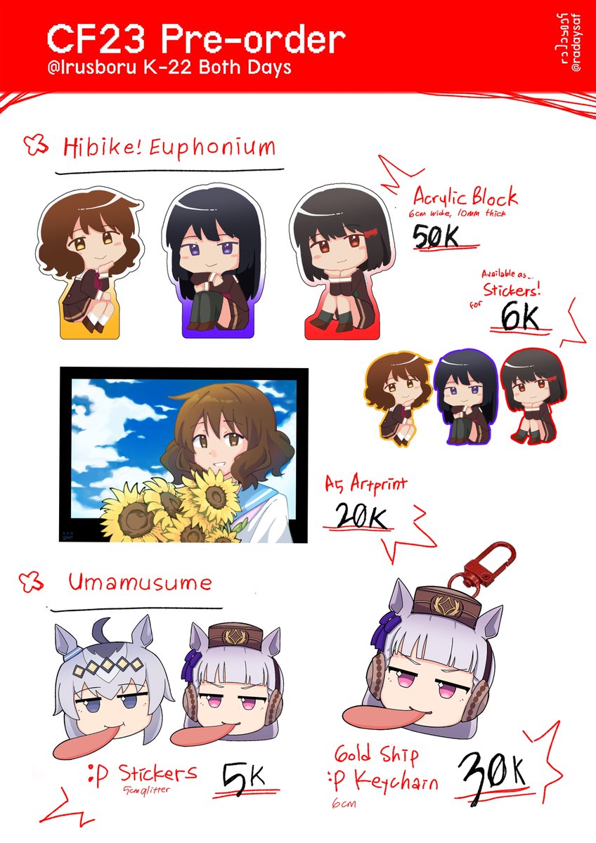 radaisaf's tweet photo. [ ❤️&amp;🔁 appreciated! ]

Heya friends, my #CF23 Pre-order is open! 
Check it out :>

PO period: 2—8 Oct 2026
Pick-up &amp; Mail Order 📨

📆: CF23 Both Days Irusboru | K-22
🔗: https://t.co/r88gkf8icy
♥️: BanG Dream! Our Notes, Cats, Hibike! Euphonium, Umamusume 

#comifuro23 https://t.co/ccjydN89I0