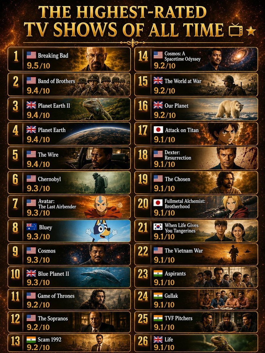 TheDataHubX's tweet photo. The Highest-Rated TV Shows of All Time (IMDb)

1. 🇺🇸 Breaking Bad - 9.5/10
2. 🇺🇸 Band of Brothers - 9.4/10
3. 🇬🇧 Planet Earth II - 9.4/10
4. 🇬🇧 Planet Earth - 9.4/10
5. 🇺🇸 The Wire - 9.4/10
6. 🇺🇸 Chernobyl - 9.3/10
7. 🇺🇸 Avatar: The Last Airbender - 9.3/10
8. 🇦🇺 Bluey - 9.3/10
9. 🇺🇸 Cosmos - 9.3/10
10. 🇬🇧 Blue Planet II - 9.3/10
11. 🇺🇸 Game of Thrones - 9.2/10
12. 🇺🇸 The Sopranos - 9.2/10
13. 🇮🇳 Scam 1992 - 9.2/10
14. 🇺🇸 Cosmos: A Spacetime Odyssey - 9.2/10
15. 🇬🇧 The World at War - 9.2/10
16. 🇬🇧 Our Planet - 9.2/10
17. 🇯🇵 Attack on Titan - 9.1/10
18. 🇺🇸 Dexter: Resurrection - 9.1/10
19. 🇺🇸 The Chosen - 9.1/10
20. 🇯🇵 Fullmetal Alchemist: Brotherhood - 9.1/10
21. 🇰🇷 When Life Gives You Tangerines - 9.1/10
22. 🇺🇸 The Vietnam War - 9.1/10
23. 🇮🇳 Aspirants - 9.1/10
24. 🇮🇳 Gullak - 9.1/10
25. 🇮🇳 TVF Pitchers - 9.1/10
26. 🇬🇧 Life - 9.1/10