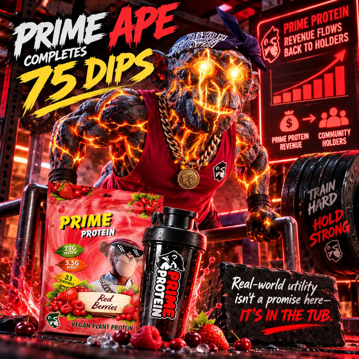 PrimeApePlanet's tweet photo. Real-world utility isn't a promise here,it's in the tub. 📦🔥
Prime Ape  completes 75 dips while the ecosystem works for holders. A portion of Prime Protein revenue flows back to the community.
Train hard. Hold strong.   https://t.co/bcGLEryH45 
#Web3Utility #PrimePlanet #PassiveRewards