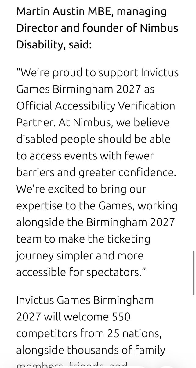 Chuffin_ell's tweet photo. Of all places: the Invictus Games.

Even at @Birmingham2027, disabled people are told: prove it.

For accessible tickets, disabled spectators need a Nimbus Access Card or free IG27 Digital Access Pass. Nimbus is its “Official Accessibility Verification Partner.” #Nimbus https://t.co/XeyGvTon2k