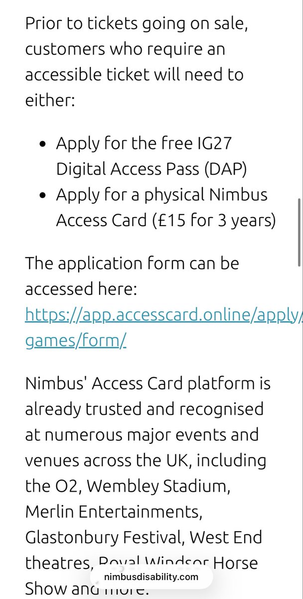 Chuffin_ell's tweet photo. Of all places: the Invictus Games.

Even at @Birmingham2027, disabled people are told: prove it.

For accessible tickets, disabled spectators need a Nimbus Access Card or free IG27 Digital Access Pass. Nimbus is its “Official Accessibility Verification Partner.” #Nimbus https://t.co/XeyGvTon2k