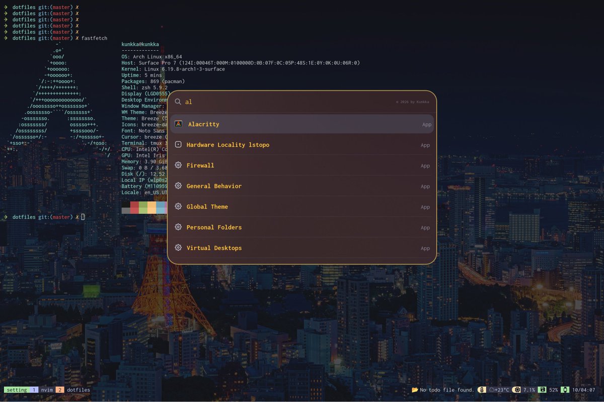 kunkka19xx's tweet photo. Installed Arch (btw) on my Surface pro 7 and never look back. 
- Terminal: Alacritty
- Code: nvim + tmux
- Browser: Firefox
- Launcher: Look https://t.co/qkQwbqWfJd