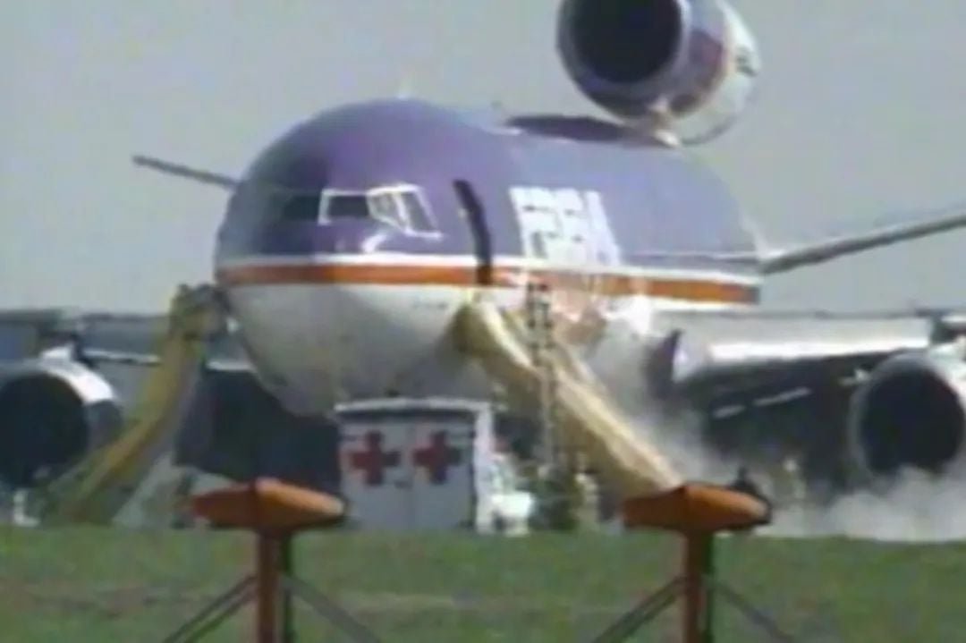 Runway_25's tweet photo. Federal Express Flight 705
"On April 7, 1994, Federal Express Flight 705, a McDonnell Douglas DC-10 cargo jet carrying electronics equipment across the United States from Memphis, Tennessee, to San Jose, California, was the subject of a hijack attempt by Auburn R. Calloway, a Federal Express employee facing possible dismissal for falsifying his flight hours.[2] Calloway boarded the scheduled flight as a deadhead passenger carrying a guitar case concealing several hammers and a speargun. He planned to crash the aircraft hoping he would appear to be an employee killed in an accident, so his family could collect on a $2.5 million life insurance policy provided by Federal Express.[3] Calloway tried to switch off the aircraft's cockpit voice recorder (CVR) before takeoff, but the flight engineer noticed and turned it back on, believing he had neglected to turn it on. Once airborne, Calloway attempted to kill the crew with hammers so their injuries would appear consistent with an accident rather than a hijacking.[3] Despite severe injuries, the crew fought back, subdued Calloway, and landed the aircraft safely.

During his trial, the prosecution argued Calloway was trying to commit murder–suicide. Efforts by the defense team to put forward an insanity defense were ultimately unsuccessful and Calloway was convicted on federal charges of attempted murder and attempted aircraft piracy[a][4][5] and sentenced to life in prison without the possibility of parole...

Eventually, Tucker rolled the plane almost upside down at 140°, while attempting to maintain a visual reference of the environment around him through the windows. Peterson, Sanders, and Calloway were then pinned to the plane's ceiling. Calloway managed to wrench his hammer hand free and hit Sanders in the head again. Just then, Tucker put the plane into a steep dive.[3][9] This pushed the men back to the smoke curtain, but the wings and elevators started to flutter. At this point, Tucker could hear the wind rushing against the cockpit windows. At a speed of 460 knots (530 mph; 850 km/h), the plane's elevators fluttered so much that the control surfaces became unresponsive due to the disrupted airflow. This lack of control tested the aircraft's safety limits. Tucker also began to sense a Mach tuck effect as the airflow over the wings approached the speed of sound. Tucker realized the throttles were at full power, increasing the speed of the aircraft. Releasing his only usable hand to pull back the throttles to idle, he managed to pull the plane out of the dive as it slowed down." - #Wikipedia