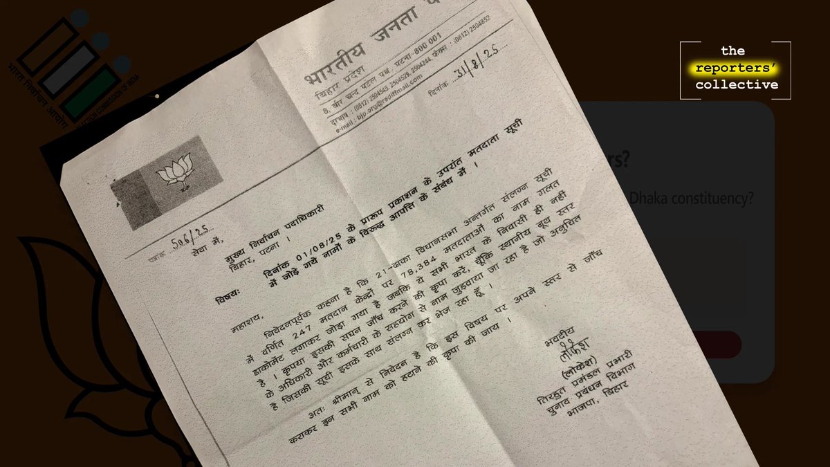 reporters_co's tweet photo. Muslim Voter Deletion in SIR: The largest, the most crude and the earliest attempt to delete Muslim voters took place in Bihar (Phase I of SIR). Read on. 

An attempt was made to delete all 80,000 Muslim voters in just one constituency of Bihar. 

The list for deletion of all Muslim voters in the constituency was given to election authorities on a purported letter head of BJP's state headquarters in Patna. The same list was also given to ECI authority by an assistant to local BJP MLA. We caught them at it (See image below).

When we caught them, ECI acknowledged the fraud. Voters' rights were protected as a consequence. But, no action was taken against those who attempted this en masse deletion of Muslim votes. 

We reported it in September 2025, when the rest of the country, including Delhi, had not woken up to what the SIR was doing to citizens' rights. 

You can read @ayushikar1998 and @vishnun30's investigation here: https://t.co/qKMYVh6HEP

Over 1+ year we have conducted 30+ investigations into the SIR across India, and inside ECI's software & WhatsApp messages. You can read them all here: https://t.co/DABg2pcdEL

We are not done yet. We have more to reveal. 

To keep us going, please donate. We can do this work because only citizens like you fund us. Donate here 👇

https://t.co/H1TjrIMlvr