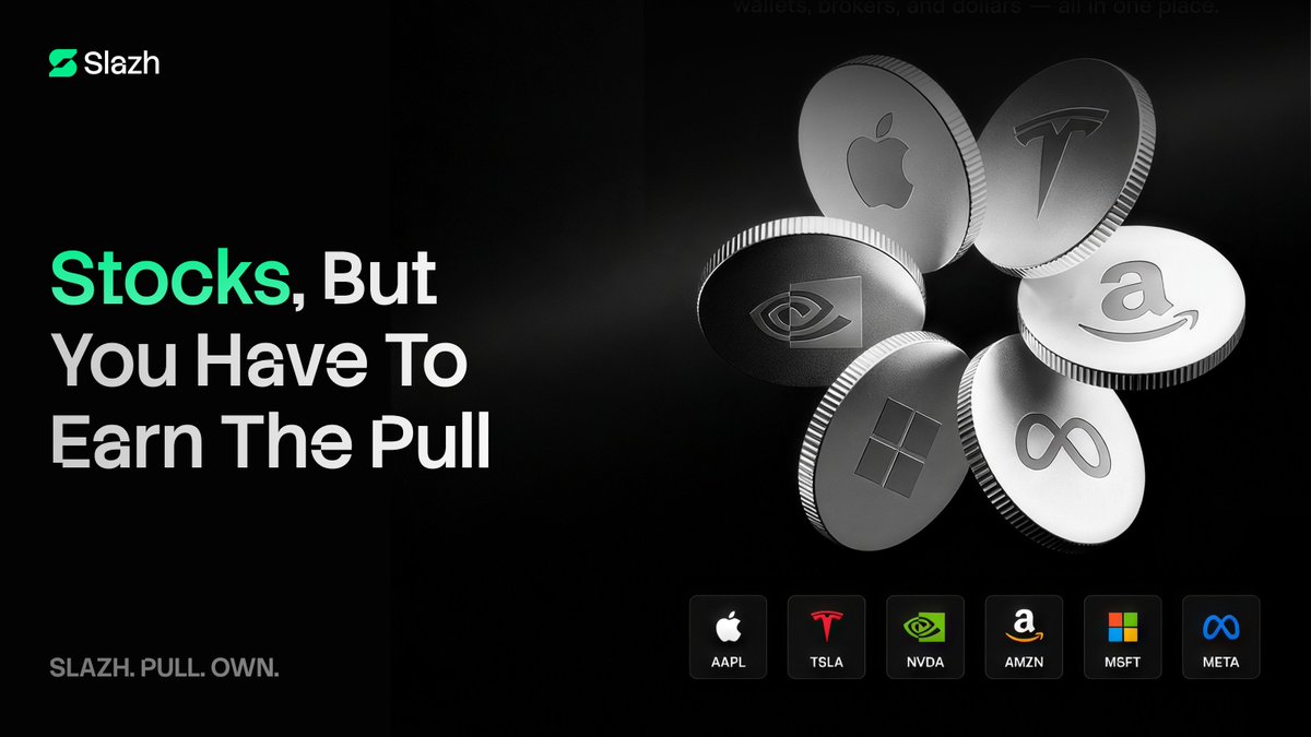 Slazh_fun's tweet photo. Stocks were never supposed to feel like this.AAPL. TSLA. NVDA. AMZN. MSFT. META.
Sealed inside Slazh packs. 
You don’t pick the stock.

You earn the pull.
Slazh. Pull. Own. https://t.co/Crwpax6IX1