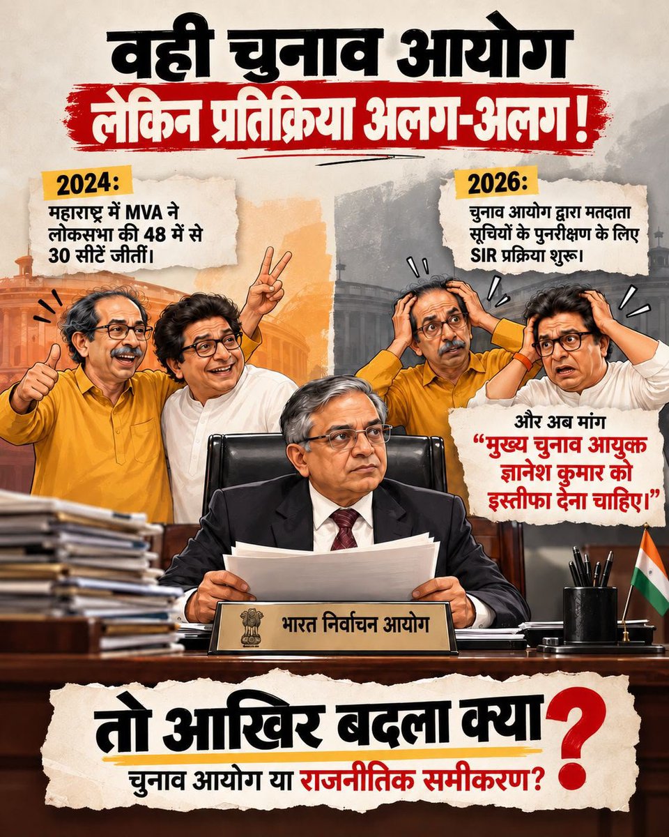 HinduHeritage__'s tweet photo. 2024 में 30 सीटें जीतें तो उद्धव-राज ठाकरे के लिए चुनाव आयोग मसीहा और 2026 में राजनीतिक जमीन हिलते ही वही आयोग खलनायक बन गया।

जब तक चुनावी नतीजे मनमुताबिक आएं, तब तक लोकतंत्र मजबूत है लेकिन जैसे ही जनता का मूड बदले ठाकरे बंधुओं का पूरा ठीकरा सीधे सिस्टम और मुख्य चुनाव आयुक्त पर फूटने लगता है। 

कमाल का दोहरा चरित्र है जीत का श्रेय खुद को और हार का ठीकरा हमेशा निष्पक्ष संस्थाओं के सिर।