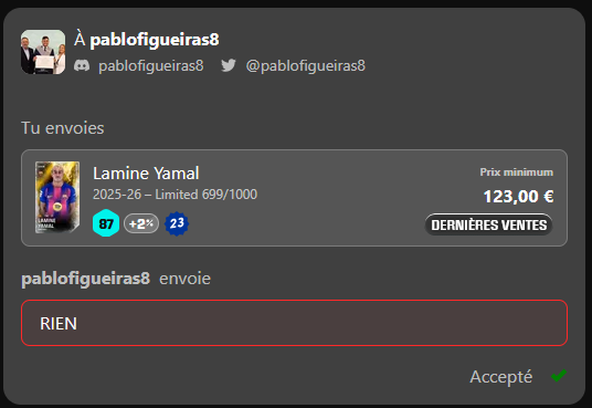 packfeverTCG's tweet photo. 🚨 HERE WE GO AGAIN! 🚨

ANOTHER claim live on Packfever
Packfever → Sorare ✅

@pablofigueiras8 pulled Lamine Yamal (FC Barcelona 🇪🇸) T0 Classic in-game
→ real Sorare card now delivered to their wallet 🔵🔴

The bridge works.

Done deal.

#Sorare #Packfever https://t.co/D72l5uFTsc