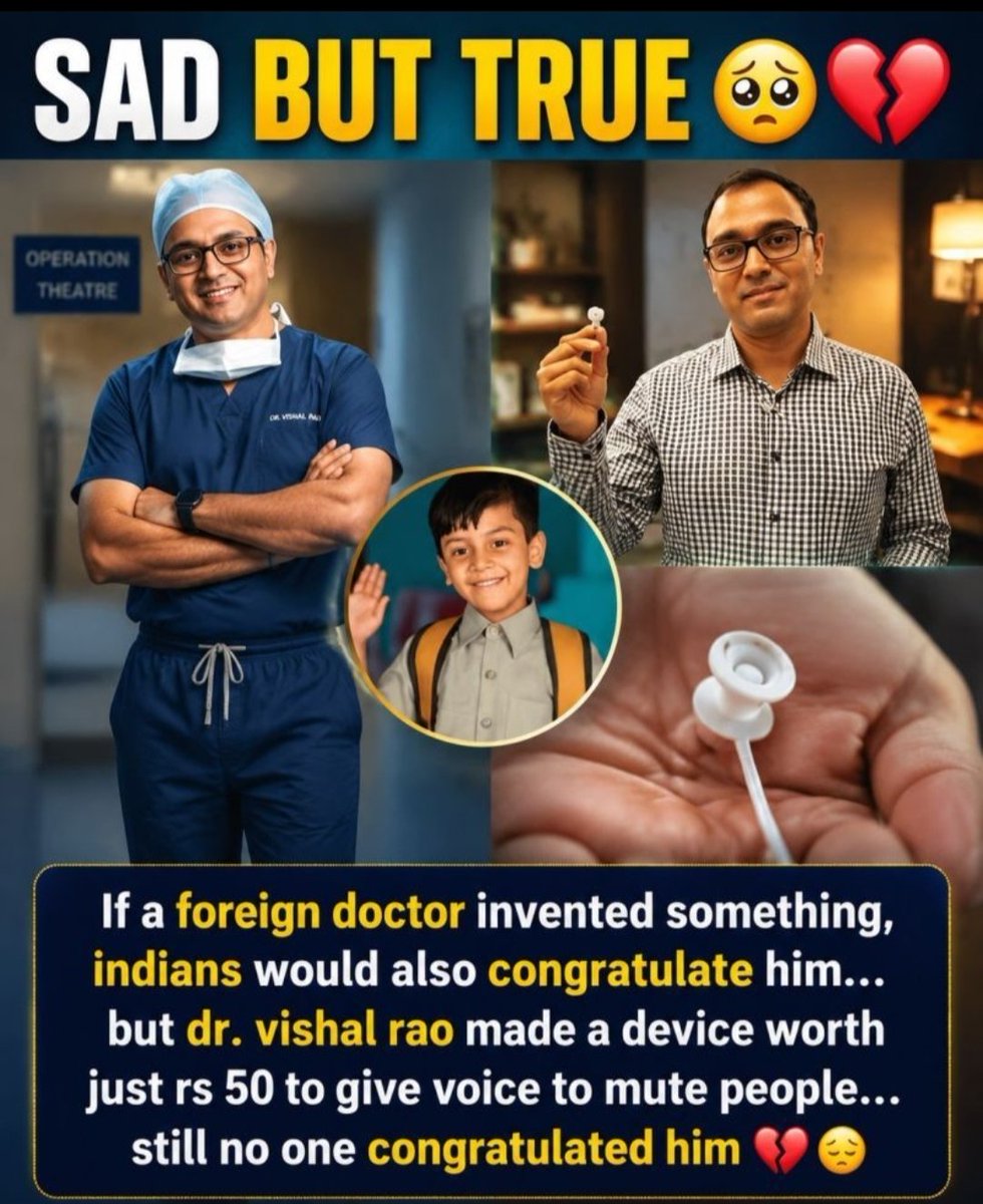 De68956De's tweet photo. Lets congratulate @drvishalrao 🎉👏🏻👏🏻

Dr Vishal Rao, a Bangalore-based oncologist, has developed a voice prosthesis to help #throatcancer patients speak after surgery. And unlike the costly ones available today, this device will cost just Rs. 50. 🫡👏🏻🙏🏻 https://t.co/kcSKEgBsg8