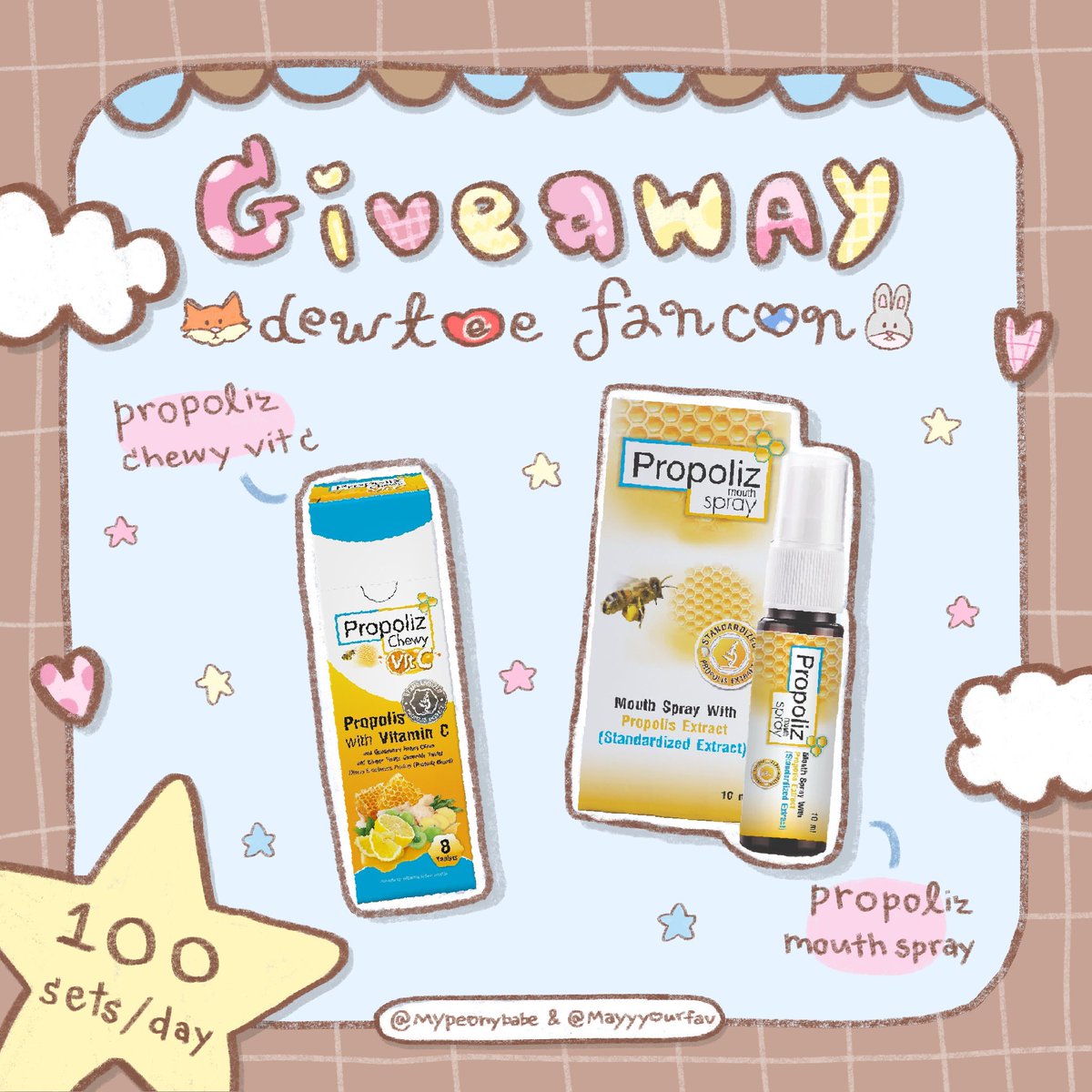 mypeonybabe's tweet photo. pls kindly rt ♡
giveaway for #DewTeeFancon .ᐟ໒꒱

✿ propoliz chewy  vit c
✿ propoliz mouth spray
( 100 sets / day )

special thanks to @Propolizzzz 

date: 7-8 november
location : union hall
time: tba. 

by. @mypeonybabe &amp; @mayyyourfav 

🦊🐰𓏔 #dewtee #ดิวธี https://t.co/xc6tdsEUQk