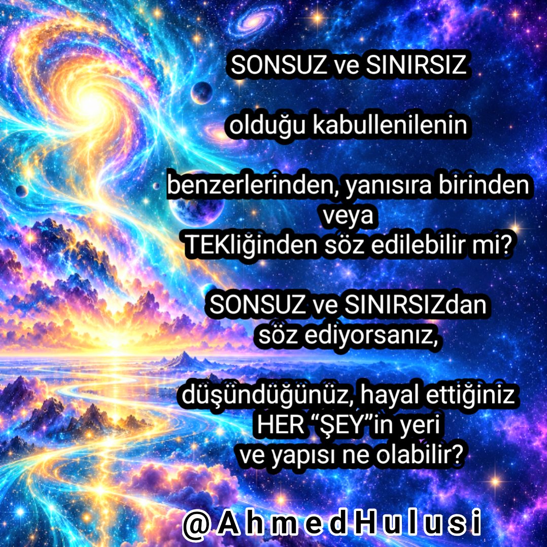 Bitebessm's tweet photo. SONSUZ ve SINIRSIZ 

olduğu kabullenilenin 

benzerlerinden, yanısıra birinden 
veya 
TEK liğinden söz edilebilir mi? 

SONSUZ ve SINIRSIZdan söz ediyorsanız, 

düşündüğünüz, hayal ettiğiniz HER 
“ŞEY”in yeri 
ve yapısı ne olabilir?

@AhmedHulusi https://t.co/YxouwLme2Y