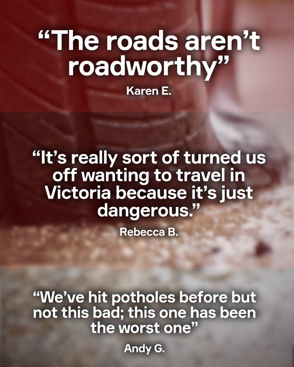 LiberalVictoria's tweet photo. Victorians are fed up with potholes. Labor thinks they like them.

We shouldn’t have to dodge potholes just to get home safely. After 12 years of Labor neglect, our roads are crumbling and drivers are paying the price. https://t.co/vAGpQbAeRB