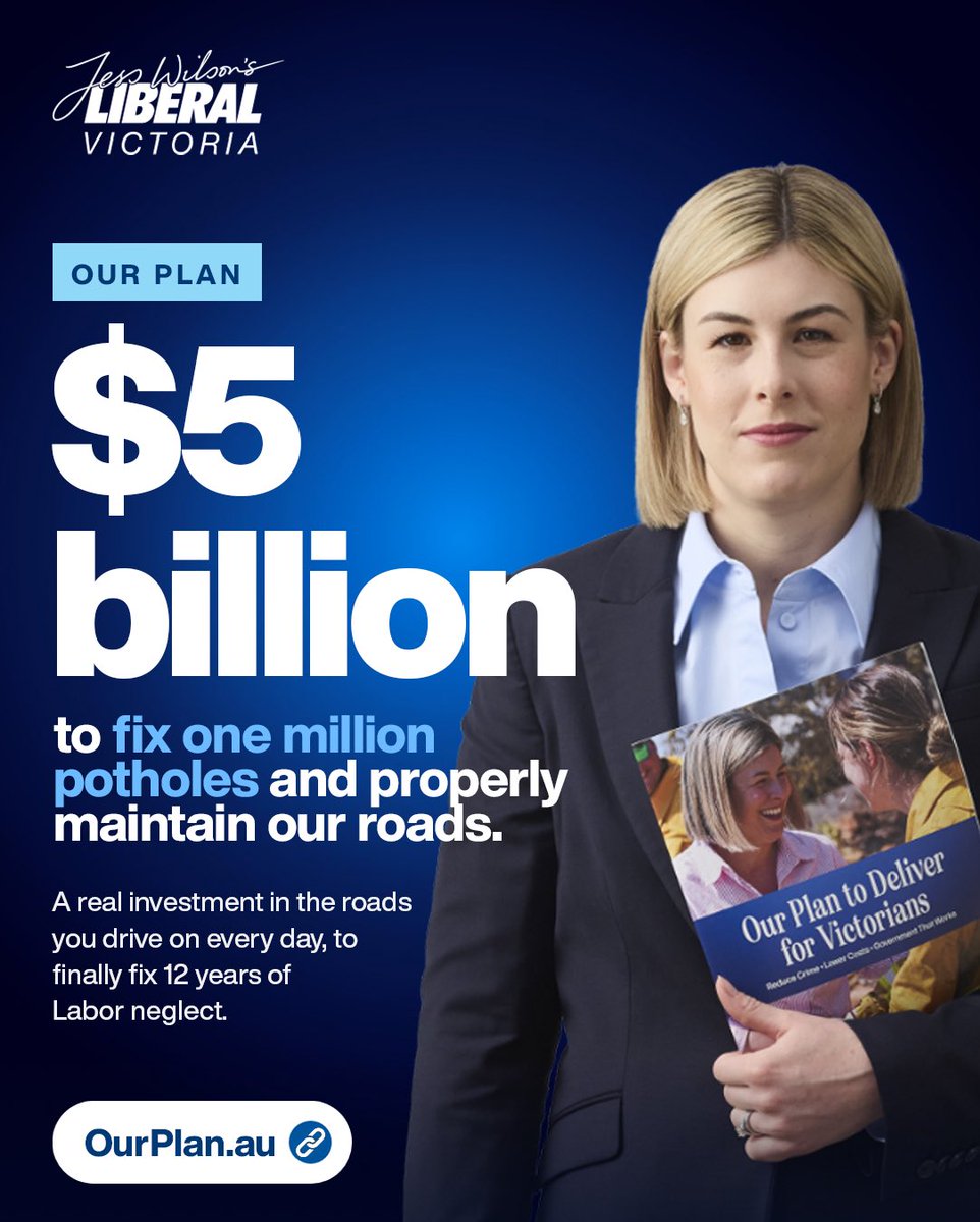 LiberalVictoria's tweet photo. Victorians are fed up with potholes. Labor thinks they like them.

We shouldn’t have to dodge potholes just to get home safely. After 12 years of Labor neglect, our roads are crumbling and drivers are paying the price. https://t.co/vAGpQbAeRB