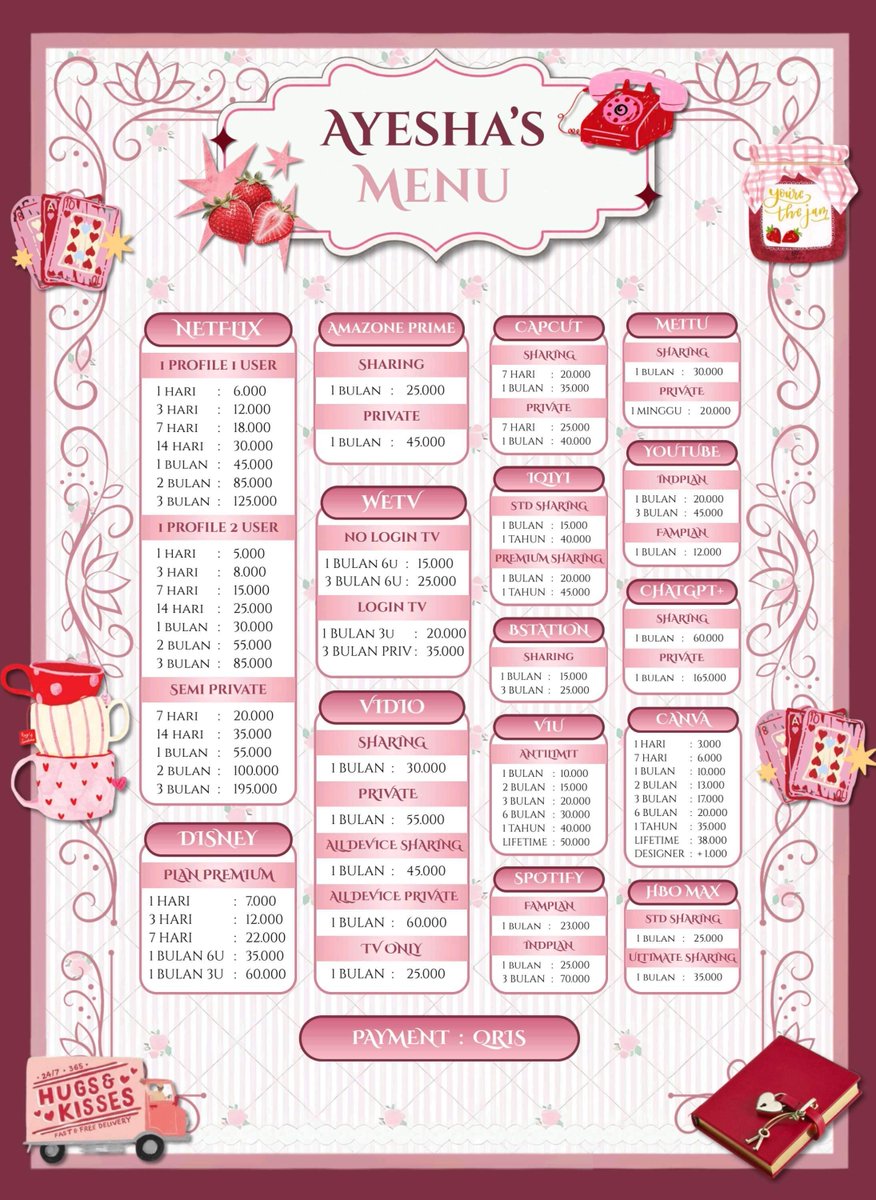 cinnemonrowlls's tweet photo. halo semuanya👋🏻, lagi cari netflix, disney+, vidio, viu, capcut, canva, dll pengerjaannya cepat dan full garansi? boleh banget order di aku sekarang‼️selain aplikasi yang ada di gambar boleh tanya aku yaa 

☎️ : https://t.co/jlJ3nqHnj2
testi : https://t.co/g678E6DRAv

#zonauang https://t.co/kDjIpMPxUL