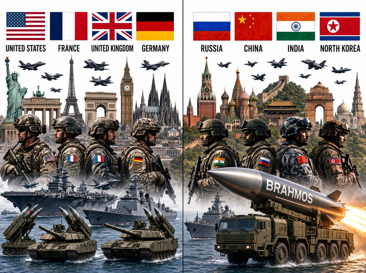 ZyvenVanta's tweet photo. What if the United States, France &amp; UK &amp; Germany went to war against Russia, China, India &amp; North Korea without nuclear weapons? 

Hey @grok, who would win ? https://t.co/g53lWtGPkf