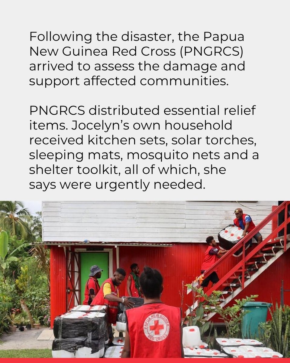 ifrc's tweet photo. When floodwaters triggered by Tropical Cyclone Maila swept away her home in Papua New Guinea, Jocelyn Papat and her family had no choice but to swim to safety.

With support from the @IFRC_DREF, the Papua New Guinea Red Cross Society @PNGRedCross helped families rebuild with emergency relief items and something equally important: the knowledge and skills to better prepare for future disasters.

Read Jocelyn's story 👉https://t.co/IzJbEDgyek
