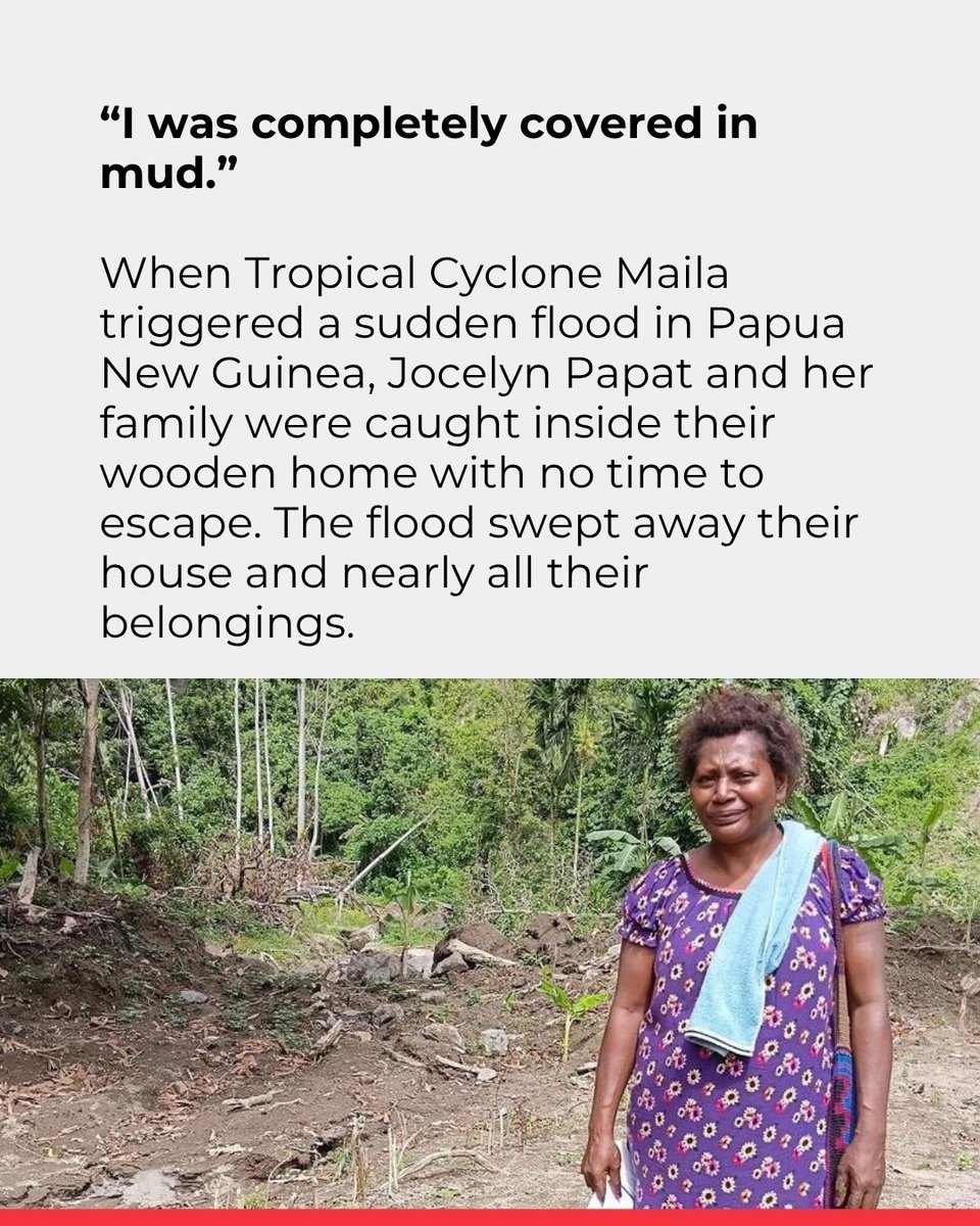 ifrc's tweet photo. When floodwaters triggered by Tropical Cyclone Maila swept away her home in Papua New Guinea, Jocelyn Papat and her family had no choice but to swim to safety.

With support from the @IFRC_DREF, the Papua New Guinea Red Cross Society @PNGRedCross helped families rebuild with emergency relief items and something equally important: the knowledge and skills to better prepare for future disasters.

Read Jocelyn's story 👉https://t.co/IzJbEDgyek