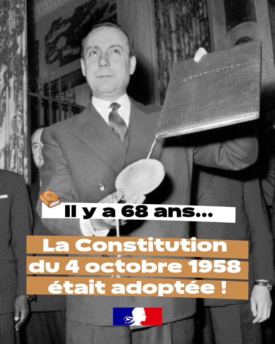 justice_gouv's tweet photo. #CeJourLà I C’était il y a 68 ans. 

Le 4 octobre 1958, la Constitution de la Ve République était promulguée.
Portée notamment par Michel Debré, alors garde des Sceaux, elle demeure encore aujourd’hui le socle de nos institutions et de l’État de droit.

ℹ️ Avec la Ve République est né le Conseil constitutionnel, qui garantit chaque jour son application et protège les droits fondamentaux des citoyens.