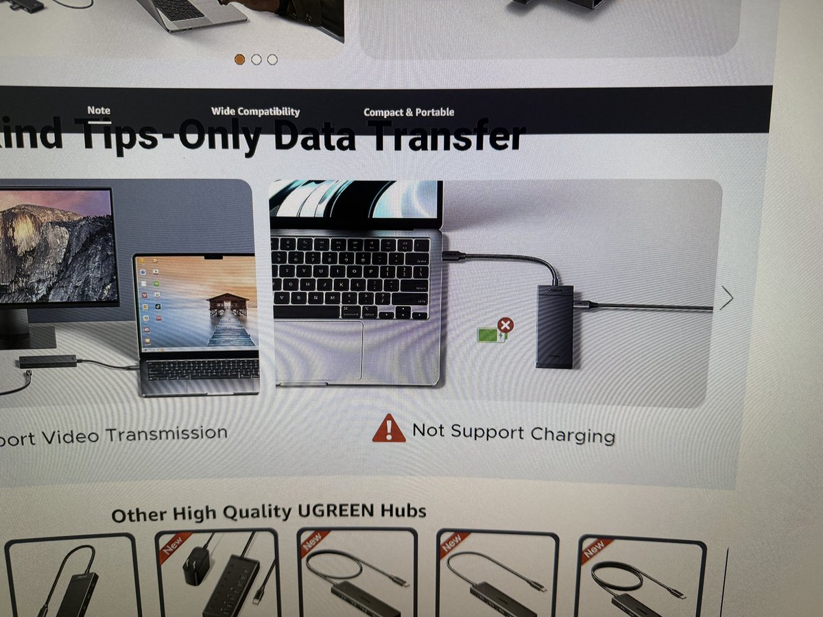 rob_aye's tweet photo. @UGREENOfficial same product page just barely scrolled down so I’m confused does it charge things or not? Your other listing for the nonpowered one says 4x10Gbps and the pic shows 10Gb on every cable as if it’s possible on all connections at once but lower says they split it https://t.co/Lex11CIMbo