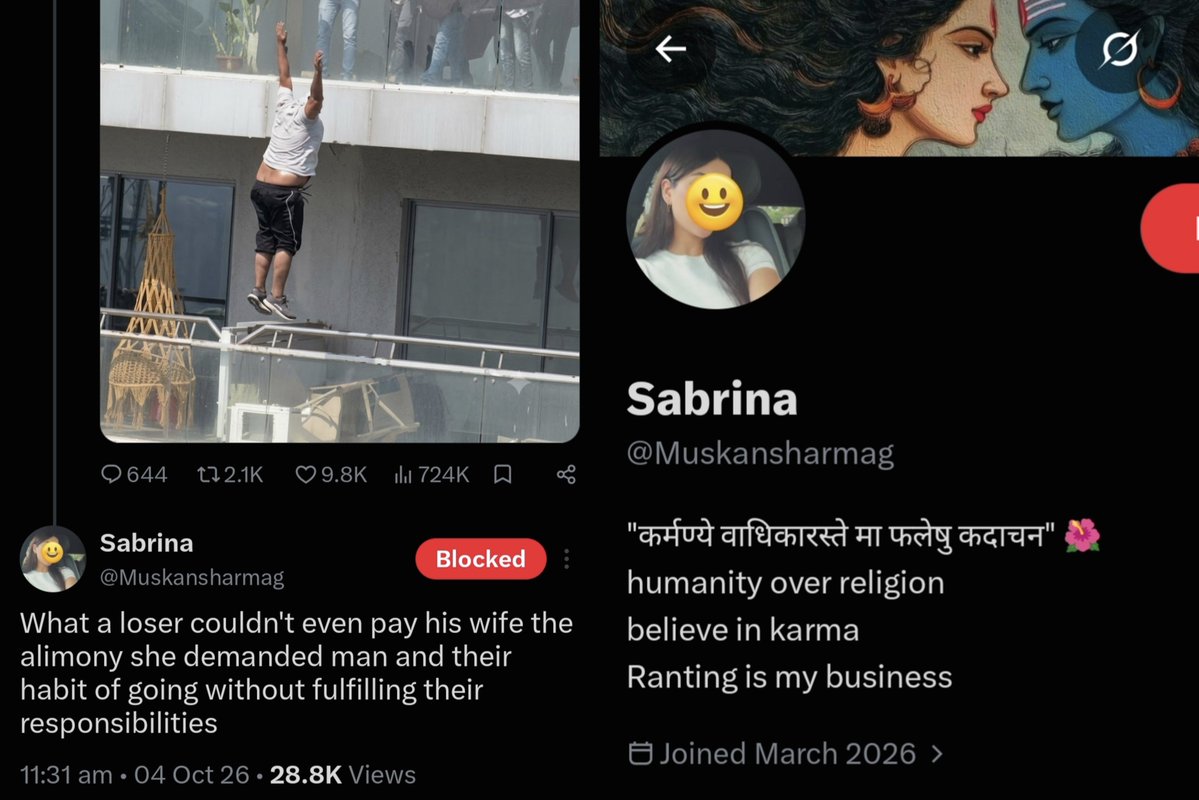 venom1s's tweet photo. A man took his own life because of the torture of having to pay 3 crores in alimony. He already gave 1 crore.

Meanwhile, feminist girl

- Calling him a loser
- Gods in header
- Humanity over religion, Believe in karma in bio

Feminist girls have zero sympathy for men. https://t.co/F53xUhKR4t