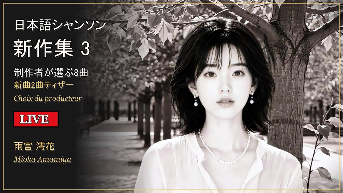 MiokaAmamiya's tweet photo. いま配信中です。
制作者が大切にしている日本語シャンソン8曲と、新曲「暖炉のそばで」「青い扉」のティザーをお届けしています。
再生数ではなく、作ったときの気持ちで選びました。
途中からでも、ゆっくりどうぞ。
https://t.co/AA2NvHCs9F
#雨宮澪花 #日本語シャンソン https://t.co/ryuZkJ0SFk