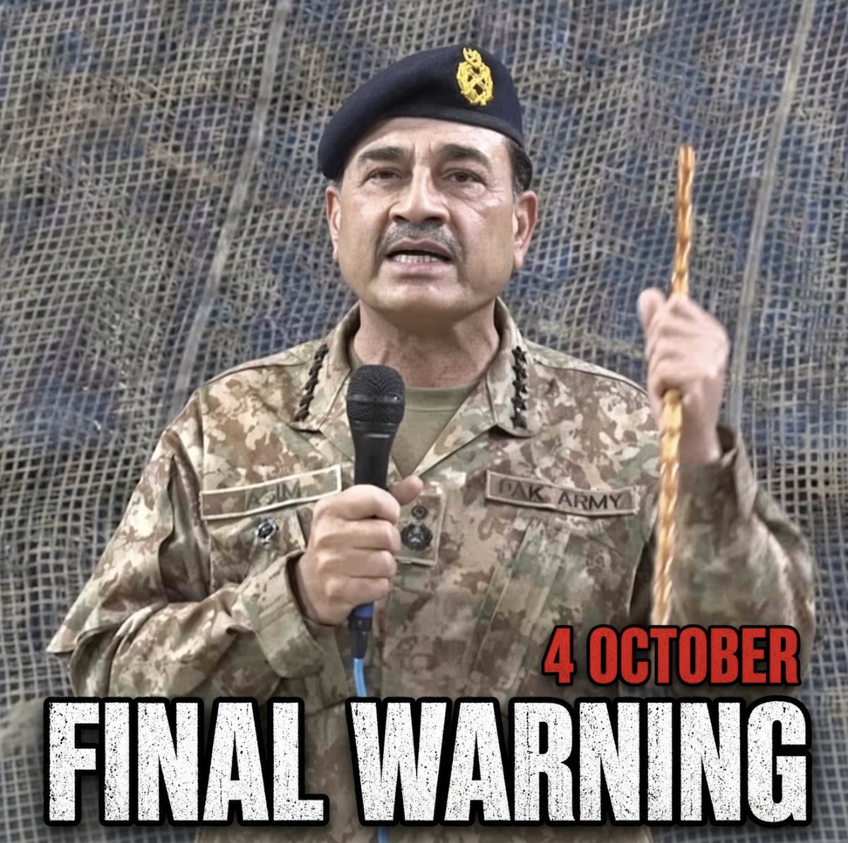 PakistanFauj's tweet photo. Field Marshal Hafiz Syed Asim Munir Ahmed Shah, Nishan-i-Imtiaz (Military), Hilal-i-Jurat, Hilal-i-Imtiaz (M), Sword of Honour, 23 Frontier Force Regiment, Chief of Army Staff and Chief of Defence Forces (COAS & CDF), Islamic Republic of Pakistan

🚨FINAL WARNING !

“Any  attempts to create 9 May like situation, on any pretext whatsoever, will be dealt with decisive force and rule of law, without hesitation and discrimination.”