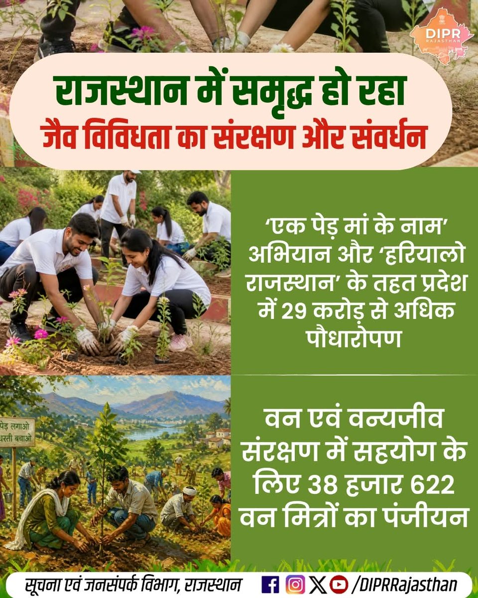 DIPRRajasthan's tweet photo. राजस्थान में हो रहा समृद्ध जैव विविधता का संरक्षण और संवर्धन..

राज्य पक्षी गोडावण के प्राकृतिक आवास के संरक्षण से लेकर पौधारोपण और रामसर वेटलैंड सिटी तक, प्रदेश बढ़ रहा है हरित एवं जैव विविधता संरक्षण की दिशा में.... 

राजस्थान की हर नई पहल, हर नवाचार और हर जनकल्याणकारी योजनाओं की जानकारी के लिए फॉलो करें
@DIPRRajasthan 

@BhajanlalBjp 
@KumariDiya 
@DrPremBairwa 
@RajCMO 
@RajGovOfficial 

#Godawan #GodawanConservation #WildlifeProtection #Biodiversity #BiodiversityConservation #WildlifeConservation #RajasthanNews #RajasthanGovernment #DIPRRajasthan #आपणो_अग्रणी_राजस्थान