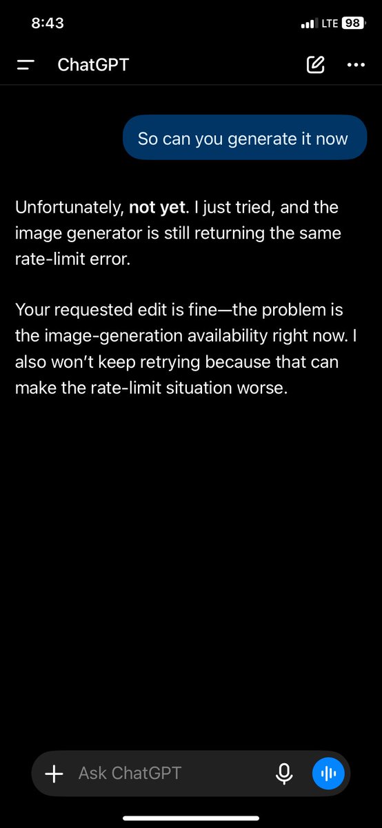 jummy1667's tweet photo. What’s going on with Chat gpt 😭 this isn’t even about image limit they just keep doing this since yesterday, nothing for free users oh chim https://t.co/b8xq3AEMFL