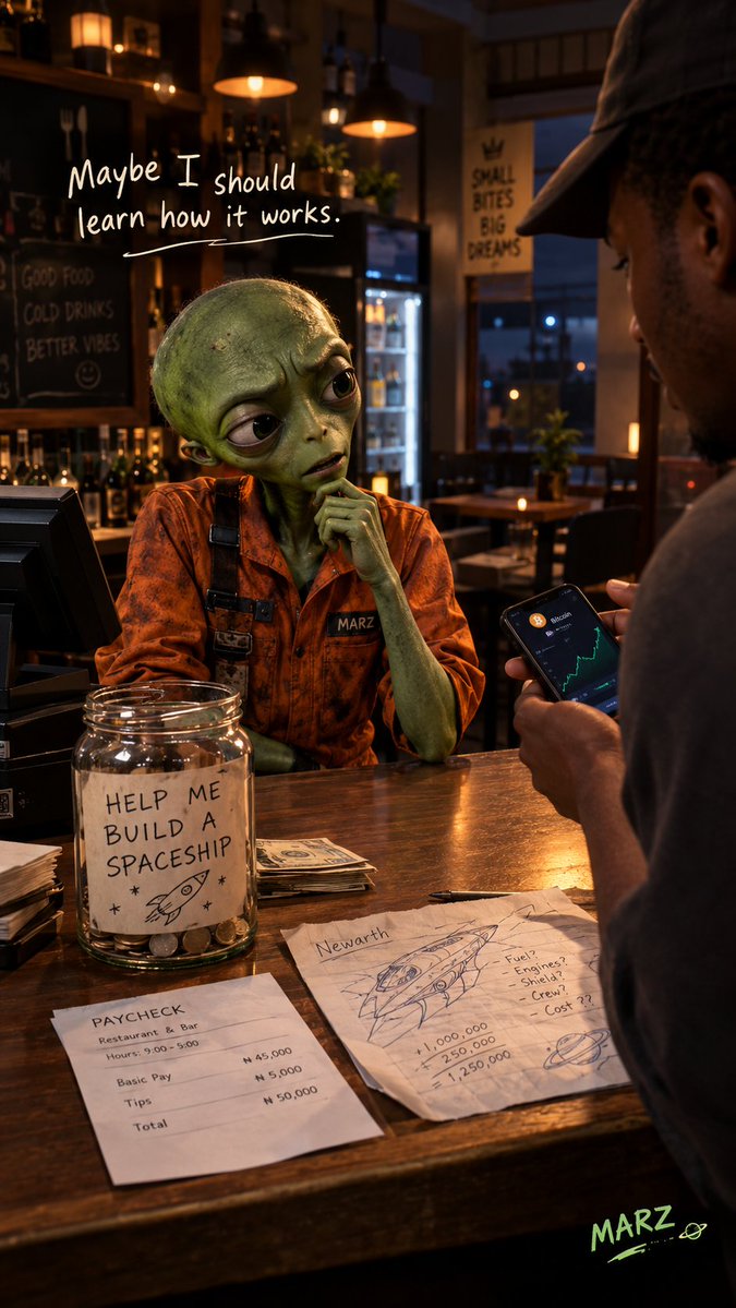 MarzAlienn's tweet photo. Someone asked me today:
Do you accept crypto?

I almost laughed.
Yesterday, I was counting my paycheck and wondering how long it would take me to build a spaceship.

Today, someone tells me Earth has another kind of money.
Maybe I should learn how it works.
I need to get home. https://t.co/utxn32mifS