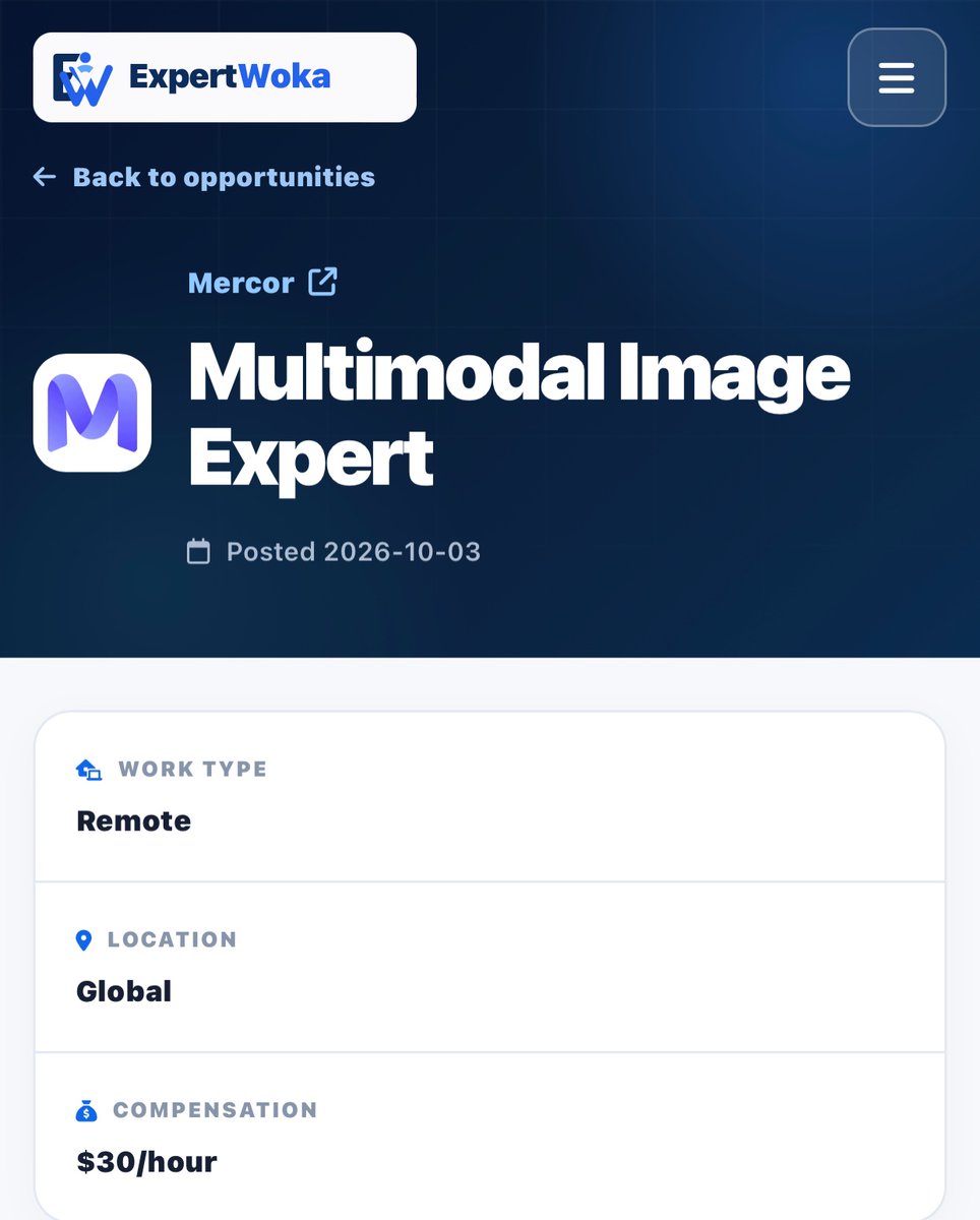 ExpertWoka's tweet photo. 🚨 HIRING: Multimodal Image Expert

Evaluate AI-generated images side-by-side &amp; shape future models!

💰 $30/hr ($20 paid onboarding quiz)
🌍 Remote / Global
🕒 Flexible hours

Reqs:
• Fluent English
• Sharp visual detail
• Clear writing

Apply now on ExpertWoka 👇 https://t.co/FR4wCXTpfj