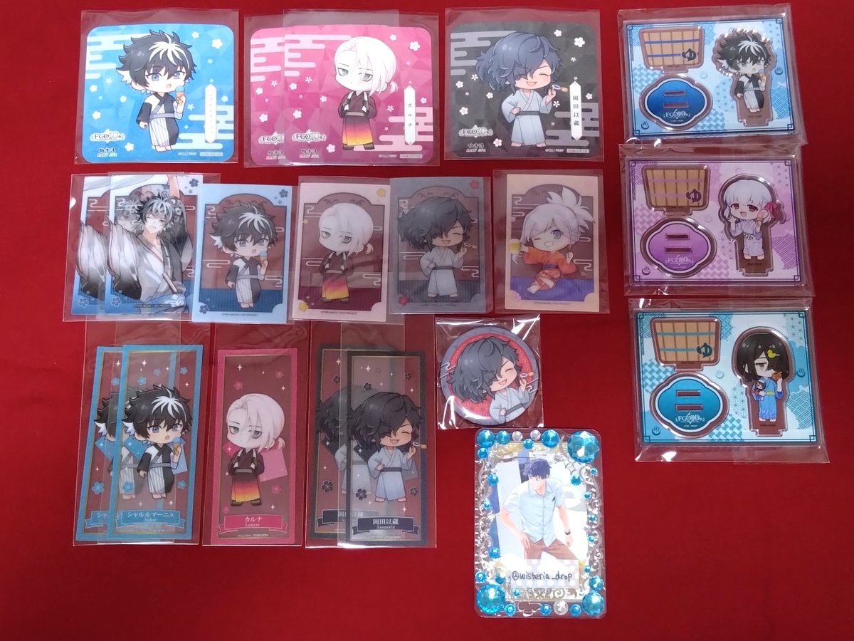wisteria_drop's tweet photo. 【交換譲渡】FGO 極楽湯 RAKU SPA コラボ

譲）
画像参照
シャルルマーニュ カルナ 以蔵 武蔵 カーマ 徐福

求）
クリアカード・缶バッジ：山南（等身） ＞ 定価＋送料
アクスタ：山南 ＞ 定価＋送料
コースター：300円/枚＋送料
特典しおり：400円/枚＋送料

郵送のみ
よろしくお願いいたします。 https://t.co/ZXoqj2W9Fd