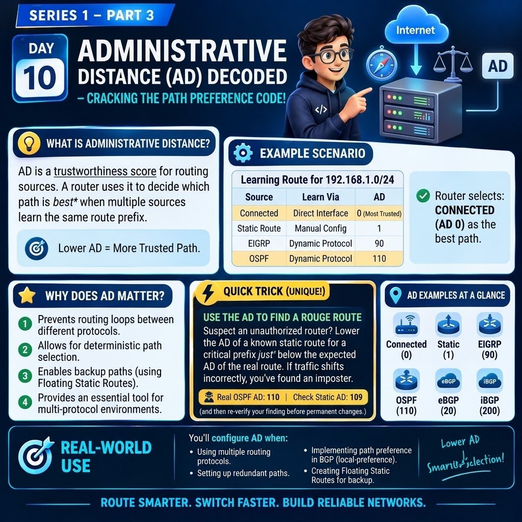 codewalalife's tweet photo. Master Administrative Distance (AD) and learn how routers rank trust across multiple routing protocols!
#harshad_jibhakate #codewalalife https://t.co/H2MZBd7aOw