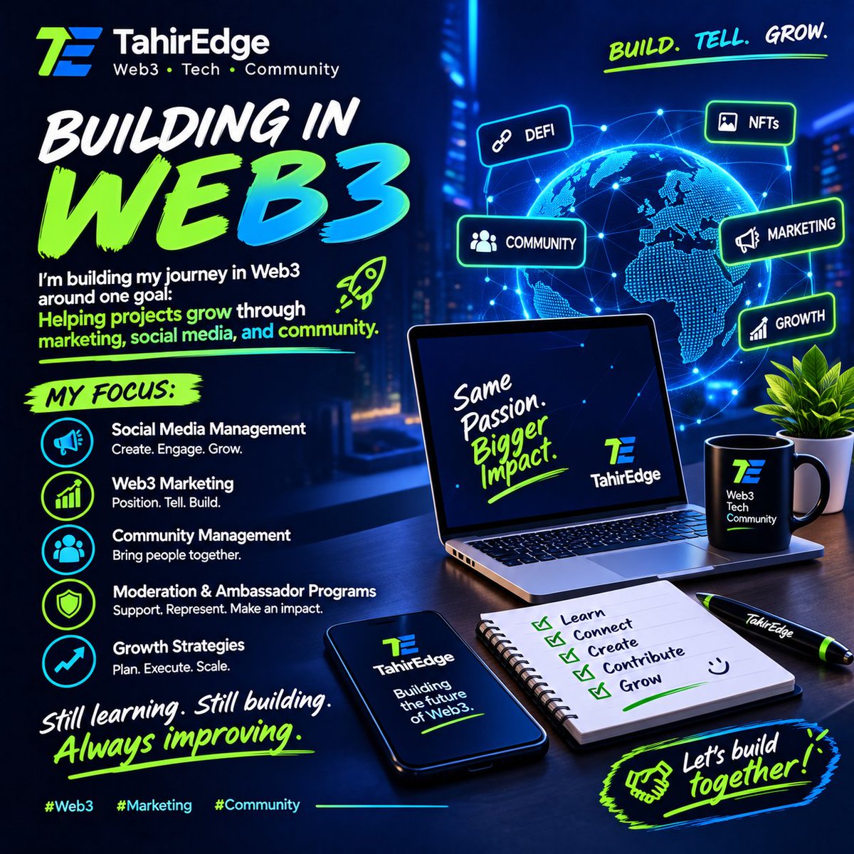 TahirEdge's tweet photo. I’m building my journey in Web3 around one goal:

Helping projects grow through marketing, social media, and community. 🚀

My focus:
Social Media Management
Web3 Marketing
Community Management
Moderation &amp; Ambassador Programs
 Growth Strategies

Still learning. Still building.💚 https://t.co/8YYA2BWSmq