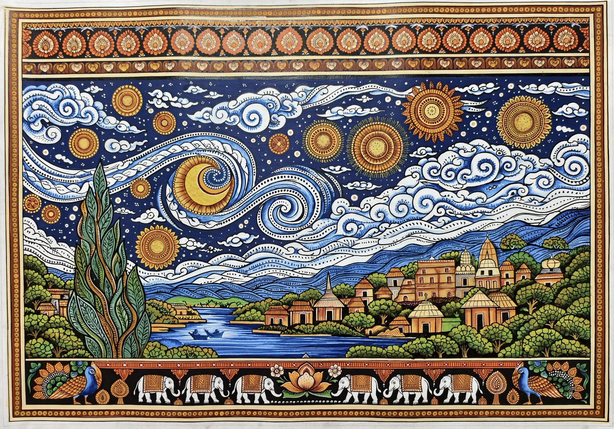 ISachikant's tweet photo. This is Vincent van Gogh’s The Starry Night reimagined in the traditional Odisha Pattachitra style.
It's a beautiful example of how traditional Pattachitra can reinterpret world-famous artworks while retaining its own artistic identity. ❤
#Pattachitra #TheStarryNight #VanGogh https://t.co/MrnvkpiKa4
