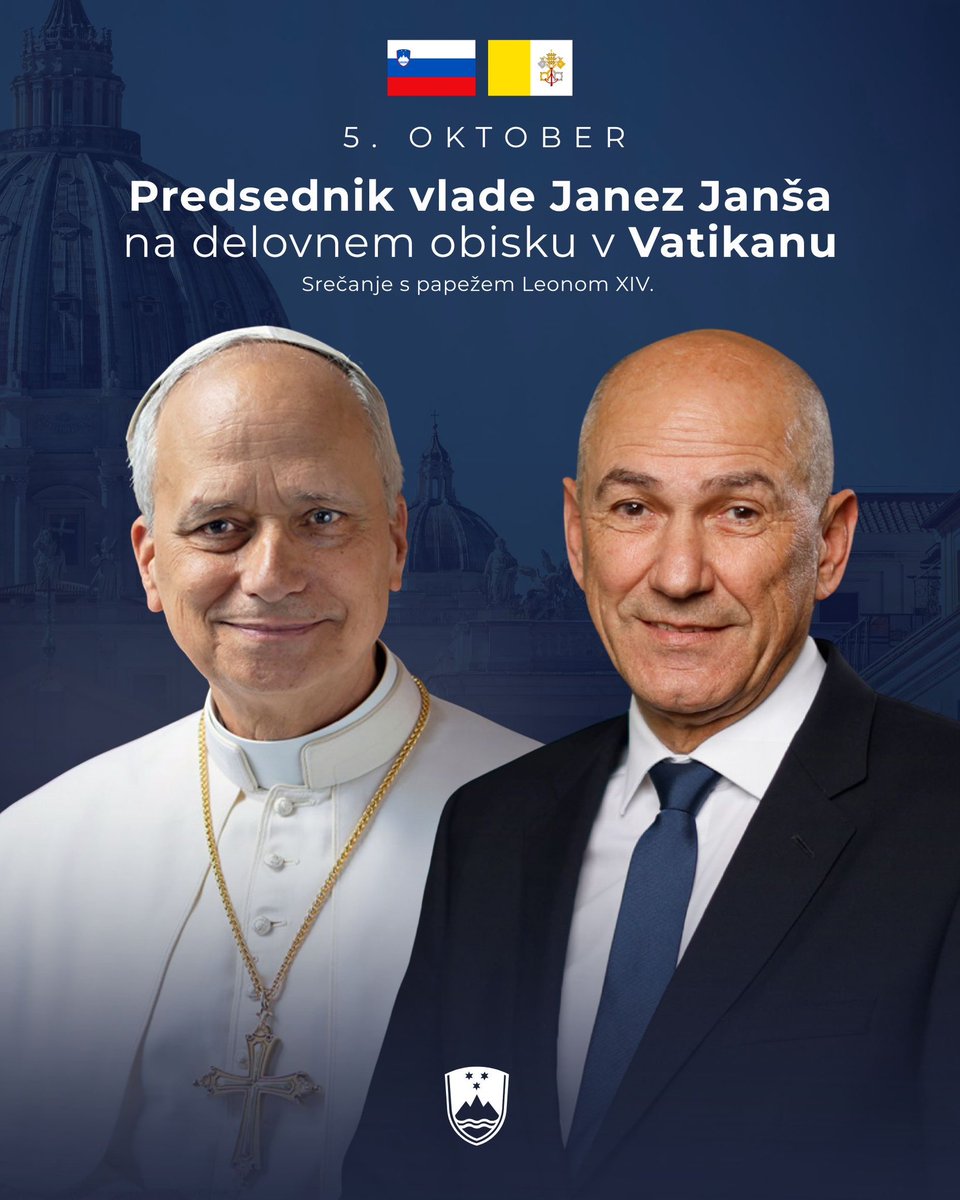 vladaRS's tweet photo. Premier 🇸🇮 @JJansaSDS bo v ponedeljek na delovnem obisku v Vatikanu, kjer ga bo sprejel papež Leon XIV @Pontifex.

Predsednik vlade se bo srečal tudi z državnim tajnikom Svetega sedeža, kardinalom Pietrom Parolinom. https://t.co/GOuBa3DFb9