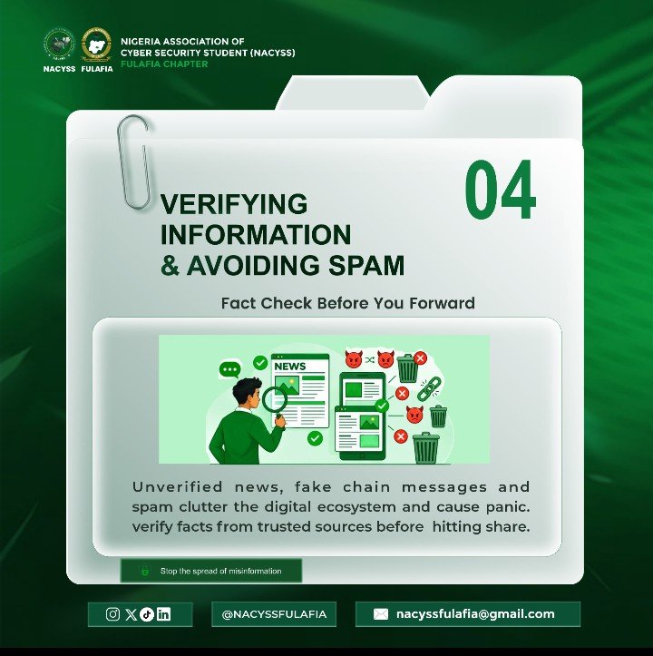 NACYSSFULAFIA's tweet photo. Before you “Share” anything🚨:

🛡️ Check the source
🛡️ Verify the information
🛡️ Cross-check trusted platforms
🛡️ Don’t forward unverified messages

Think. Verify. Then Share.🌐
Let’s build a safer, smarter digital community.🤝🛡️
#NACYSSFULAFIA #Cybersecurity #Onlinesafety https://t.co/SwWnDlHCYl
